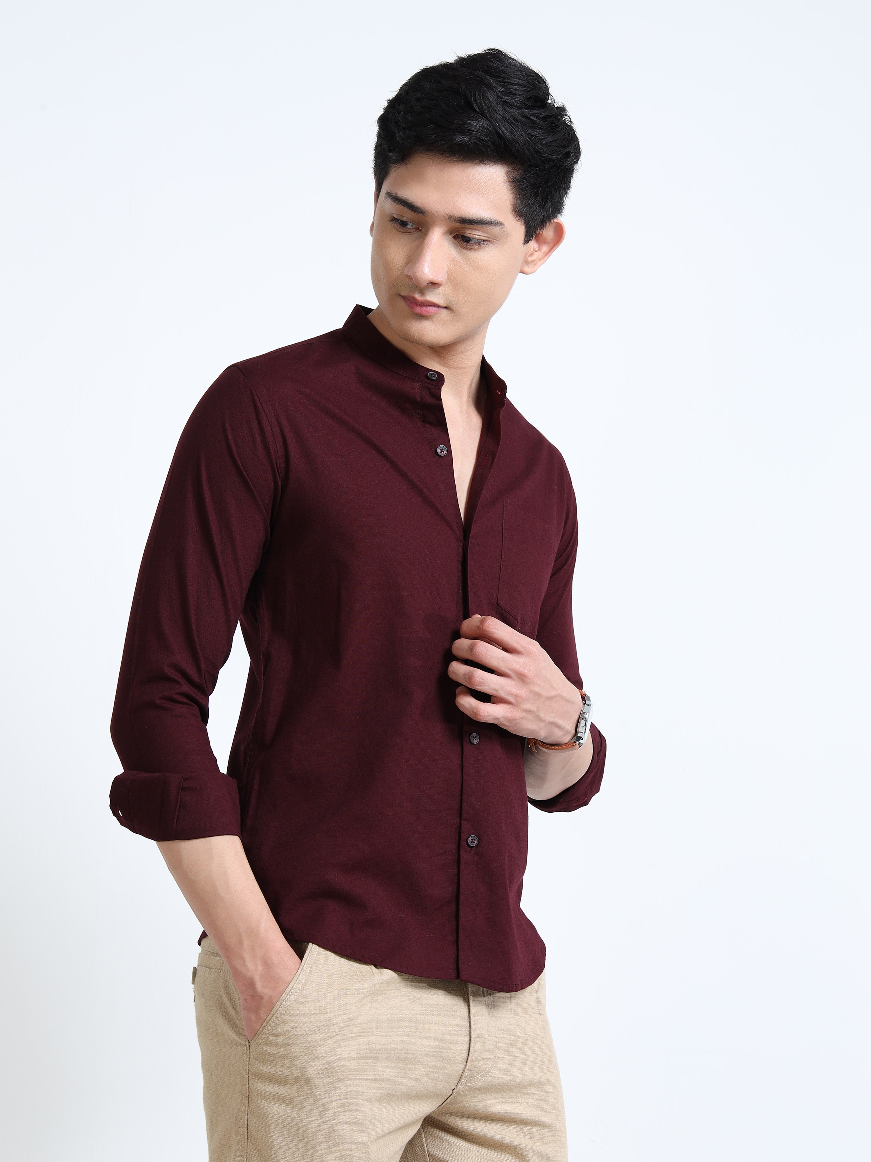 Crimson Red Mandarin Collar Cotton-Lenin Shirt