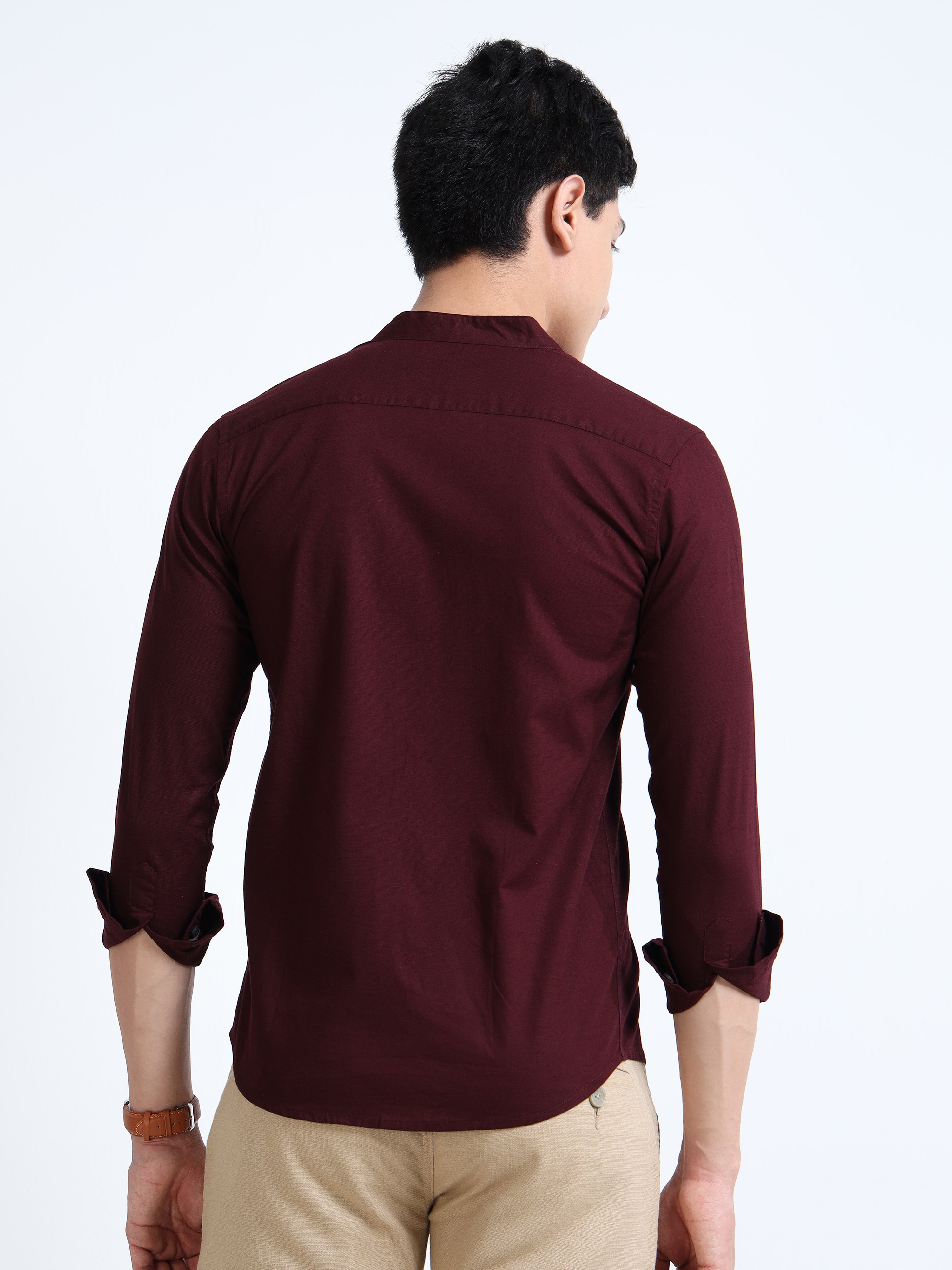 Crimson Red Mandarin Collar Cotton-Lenin Shirt