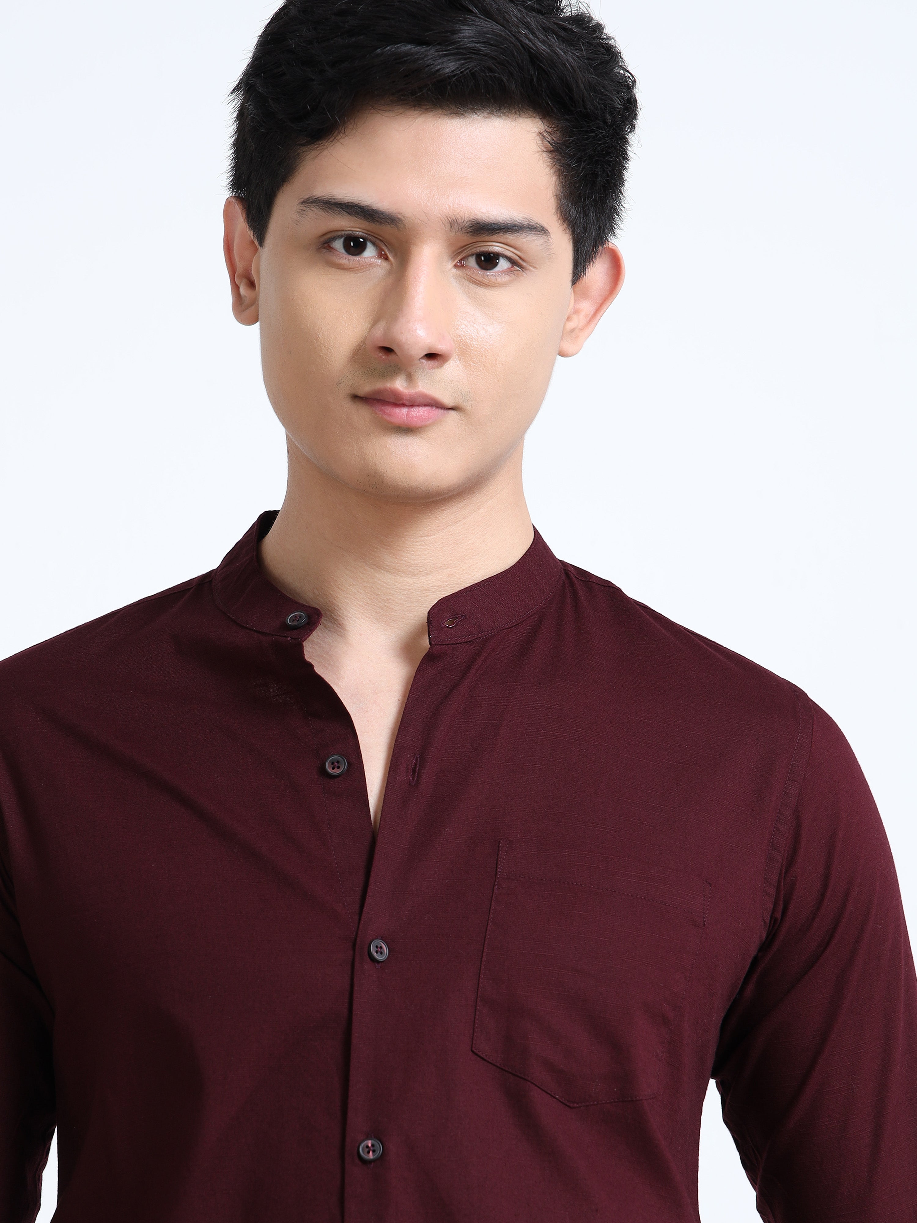 Crimson Red Mandarin Collar Cotton-Lenin Shirt