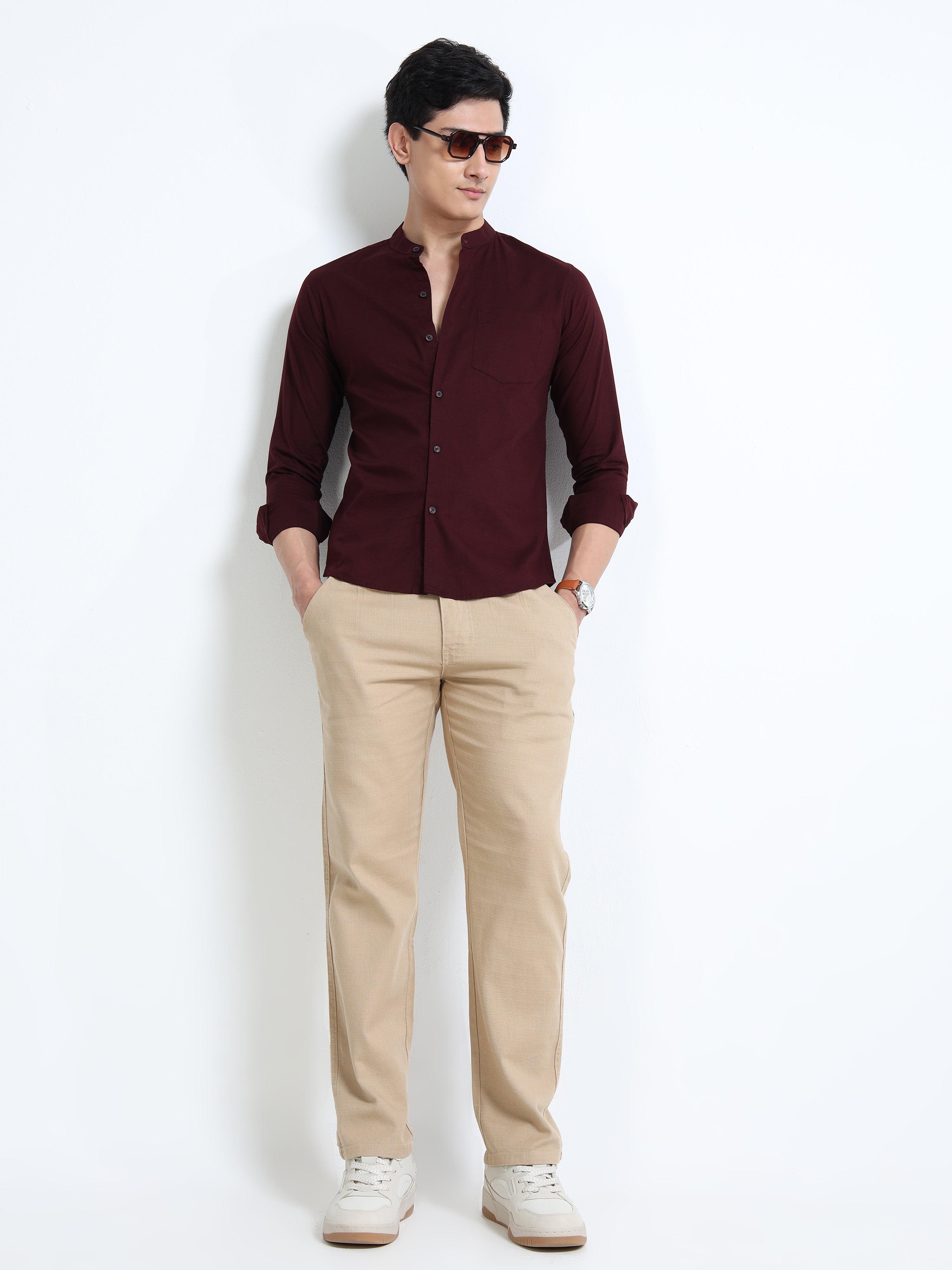 Crimson Red Mandarin Collar Cotton-Lenin Shirt