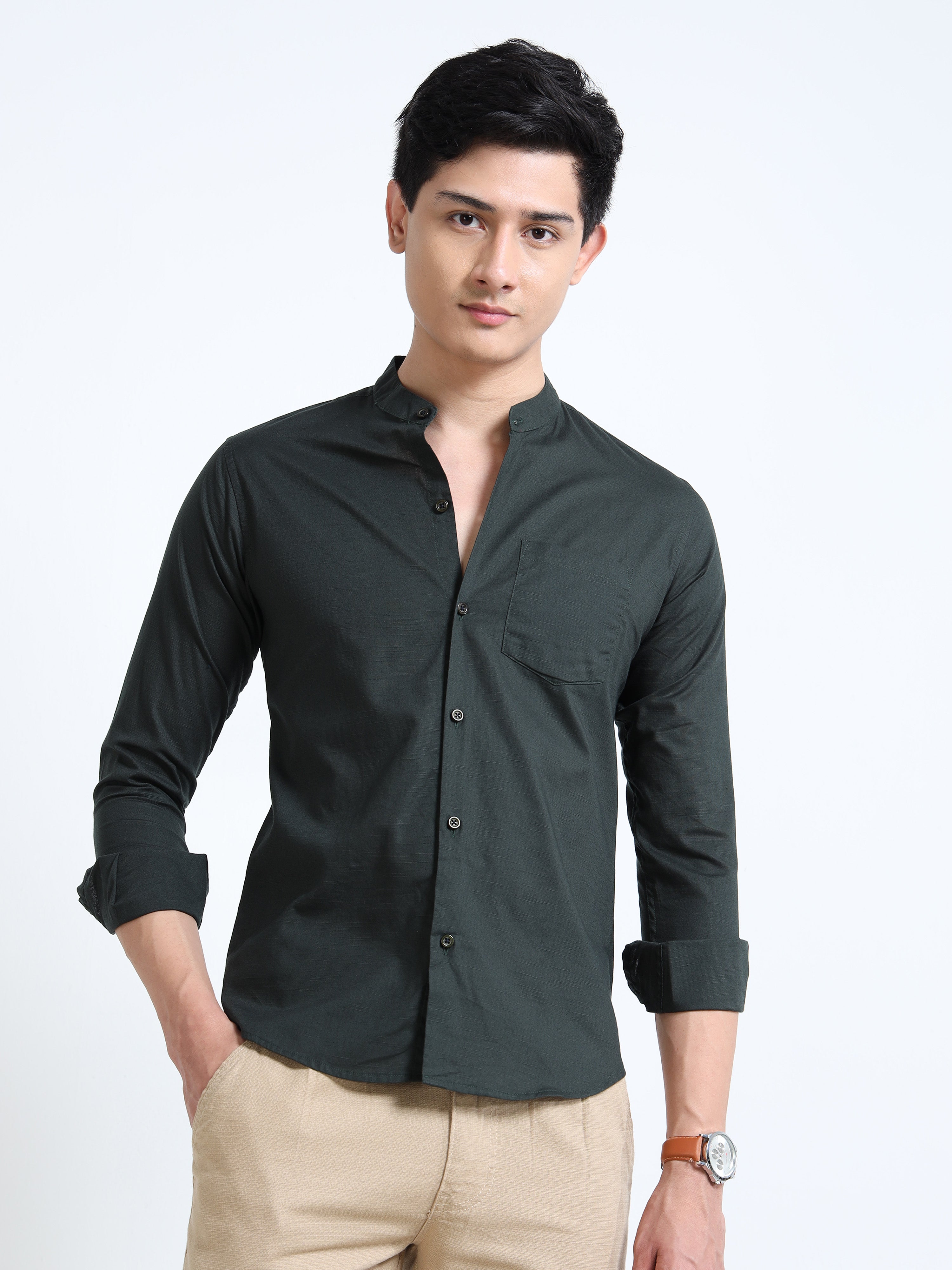 Pine Green Mandarin Collar Cotton-Lenin Shirt