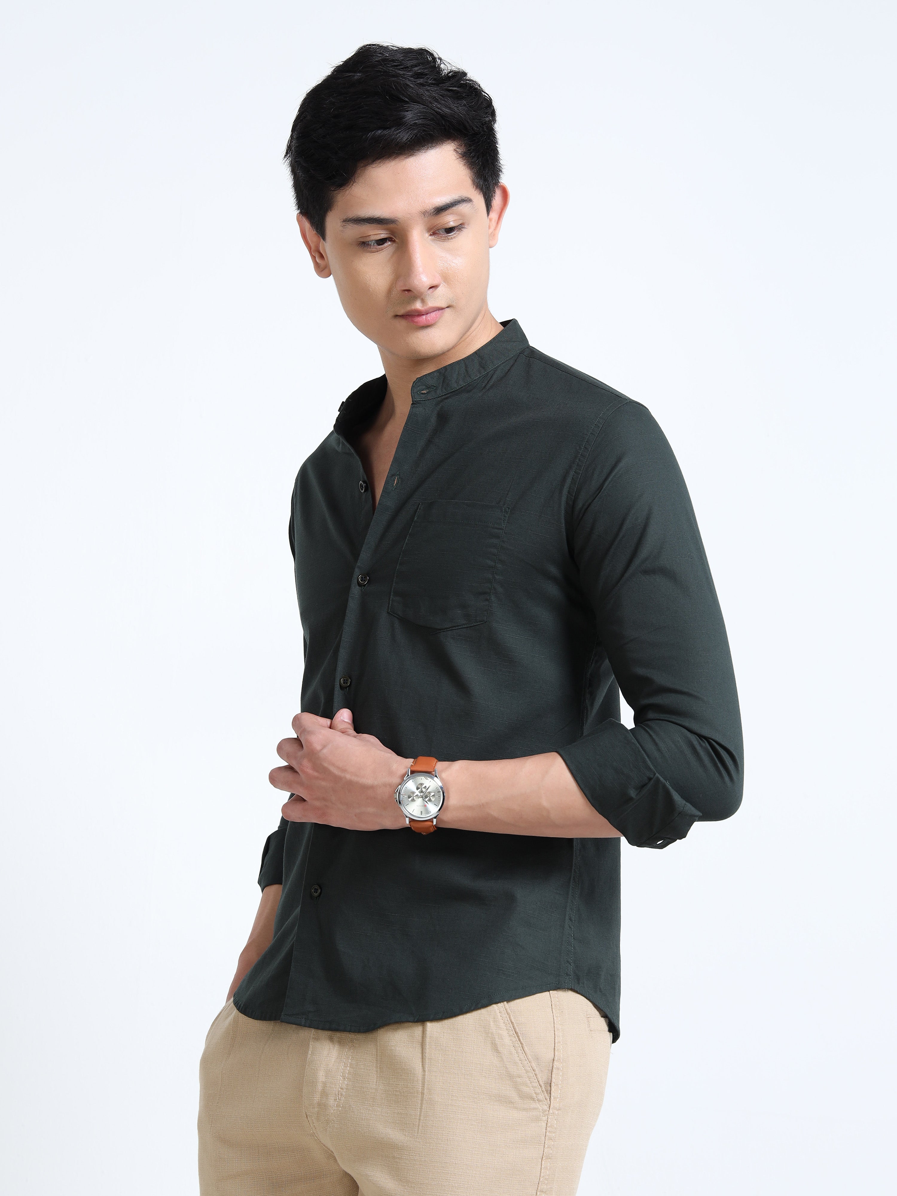 Pine Green Mandarin Collar Cotton-Lenin Shirt