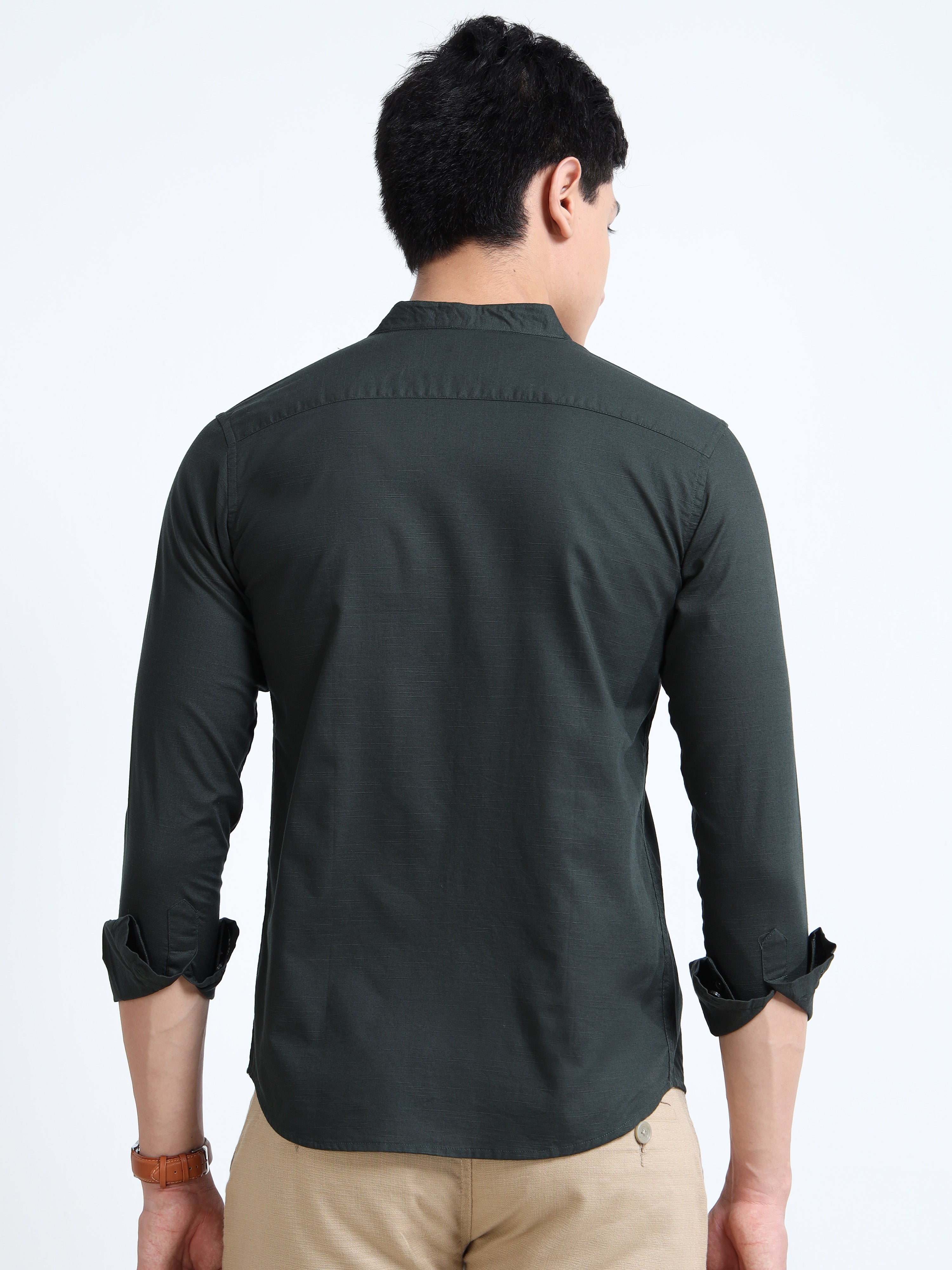 Pine Green Mandarin Collar Cotton-Lenin Shirt