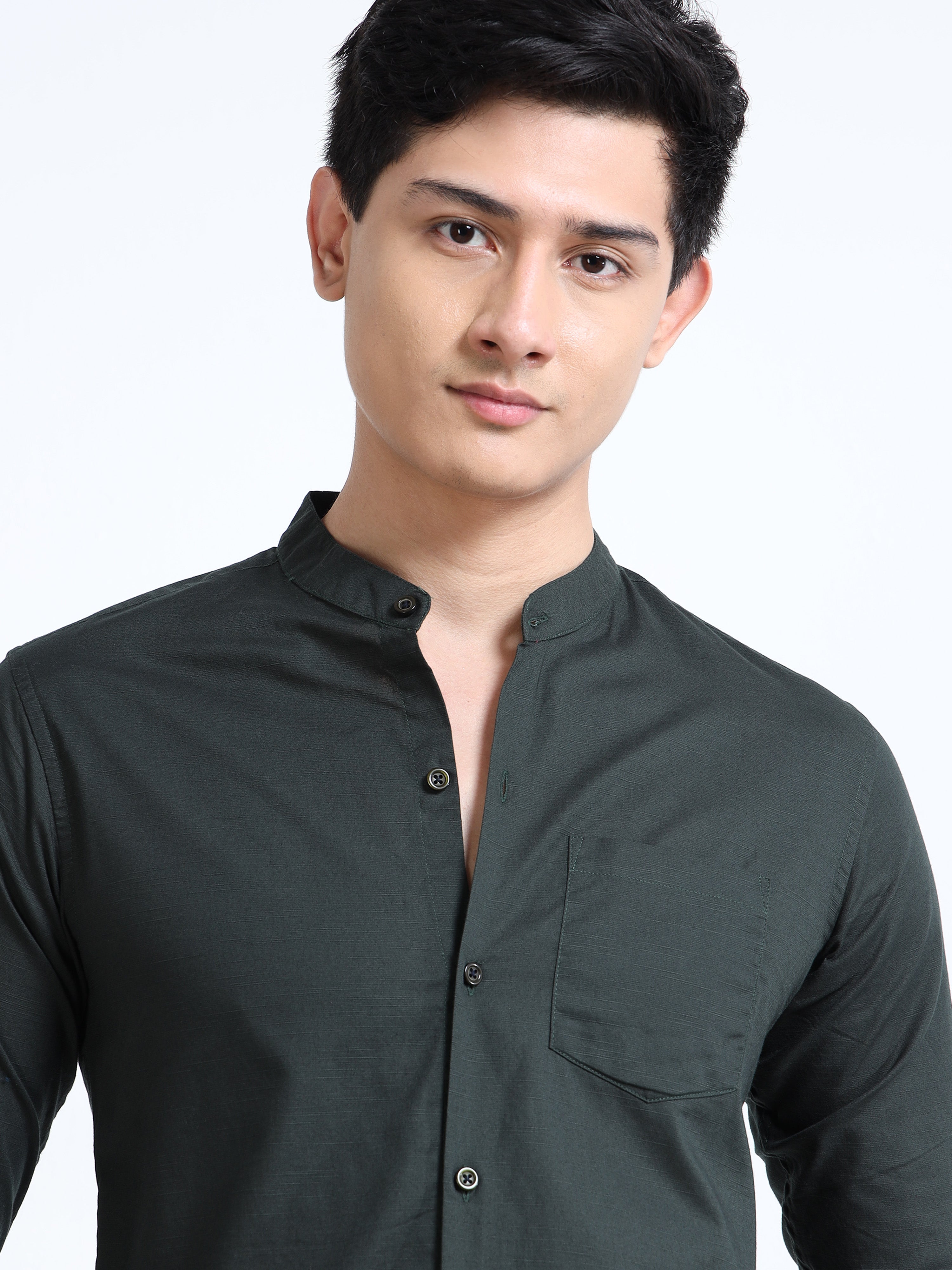 Pine Green Mandarin Collar Cotton-Lenin Shirt