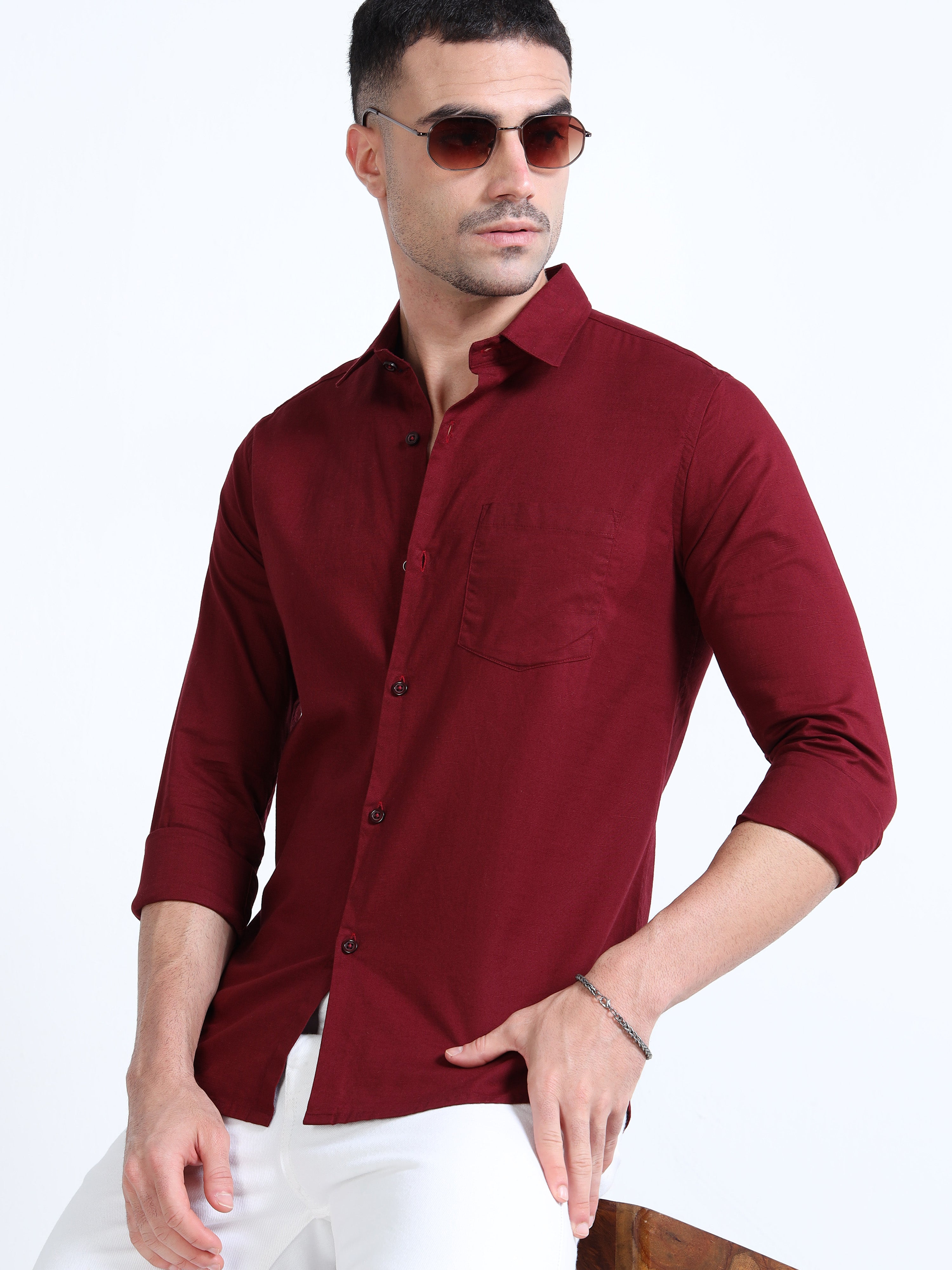 Garnet Red Classic Cotton-Lenin Shirt