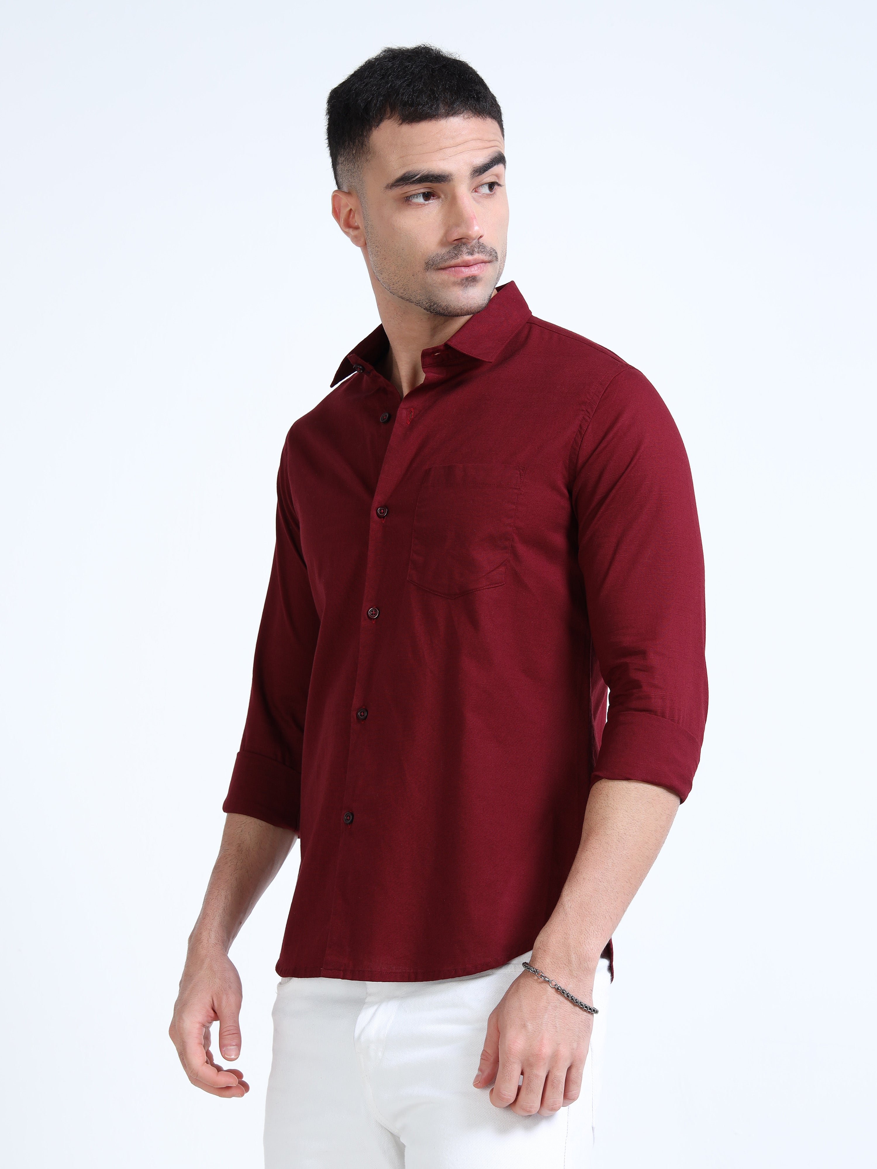 Garnet Red Classic Cotton-Lenin Shirt
