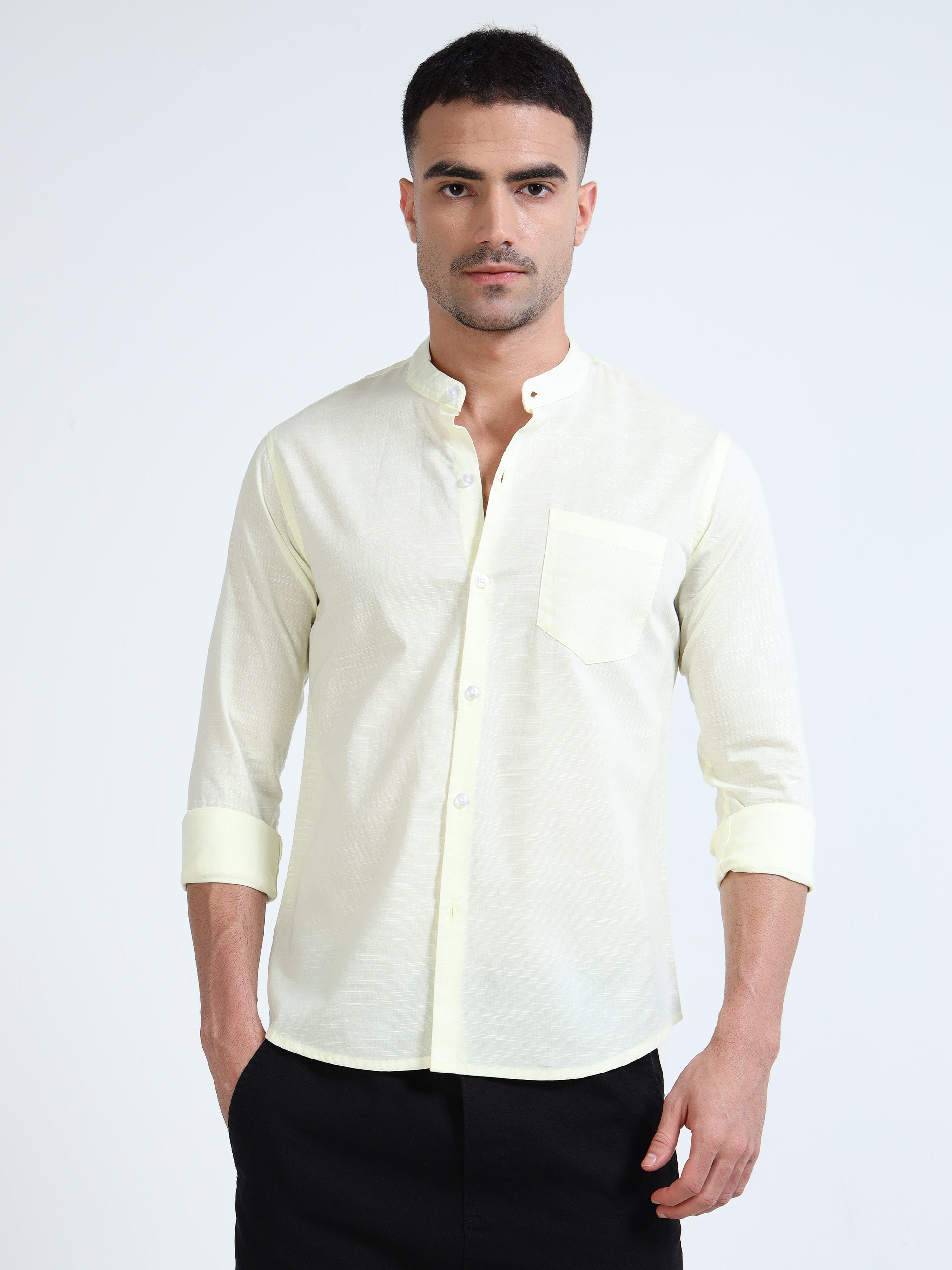 Light Yellow Mandarin Collar Cotton-Lenin Shirt