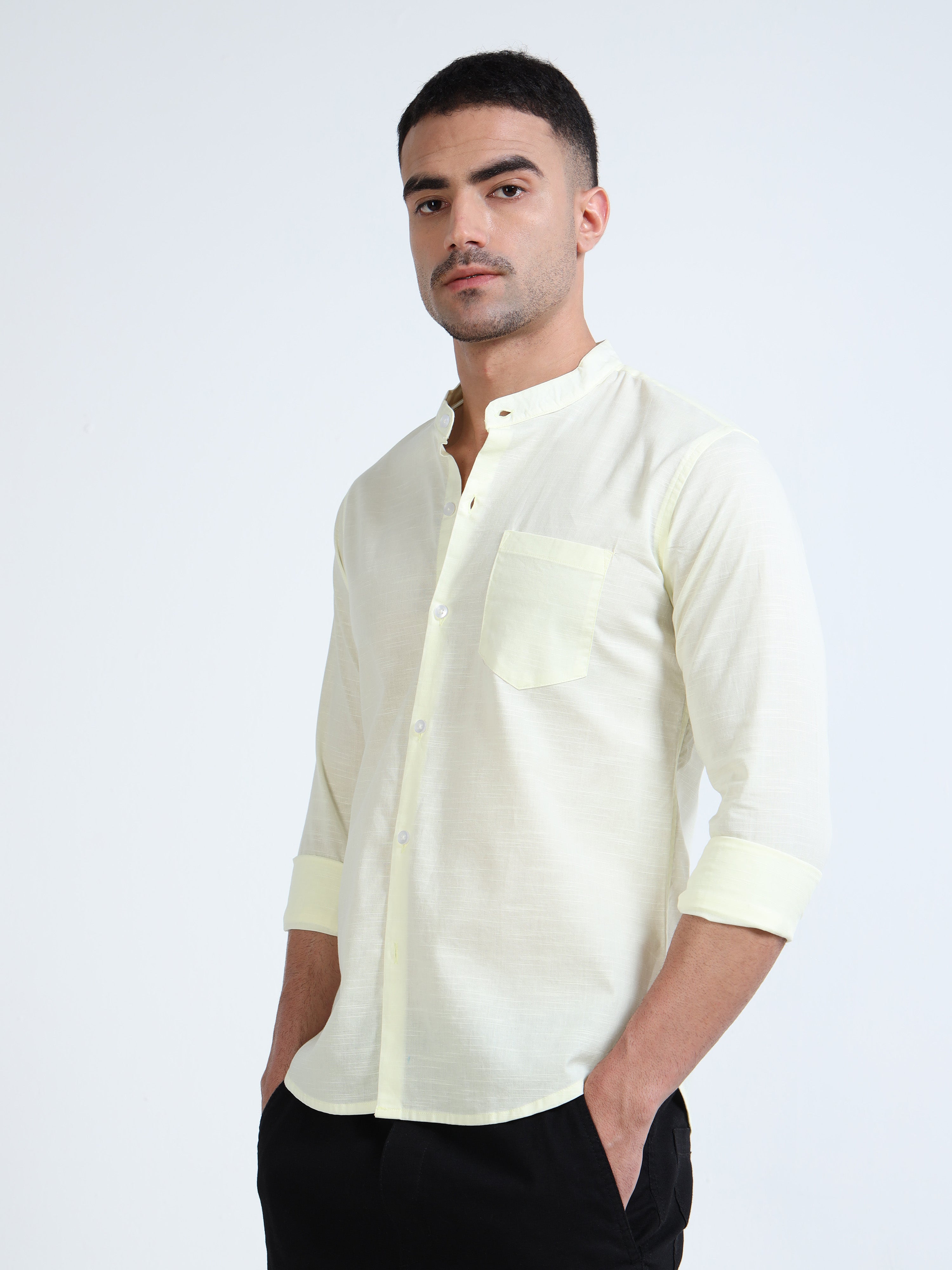 Light Yellow Mandarin Collar Cotton-Lenin Shirt