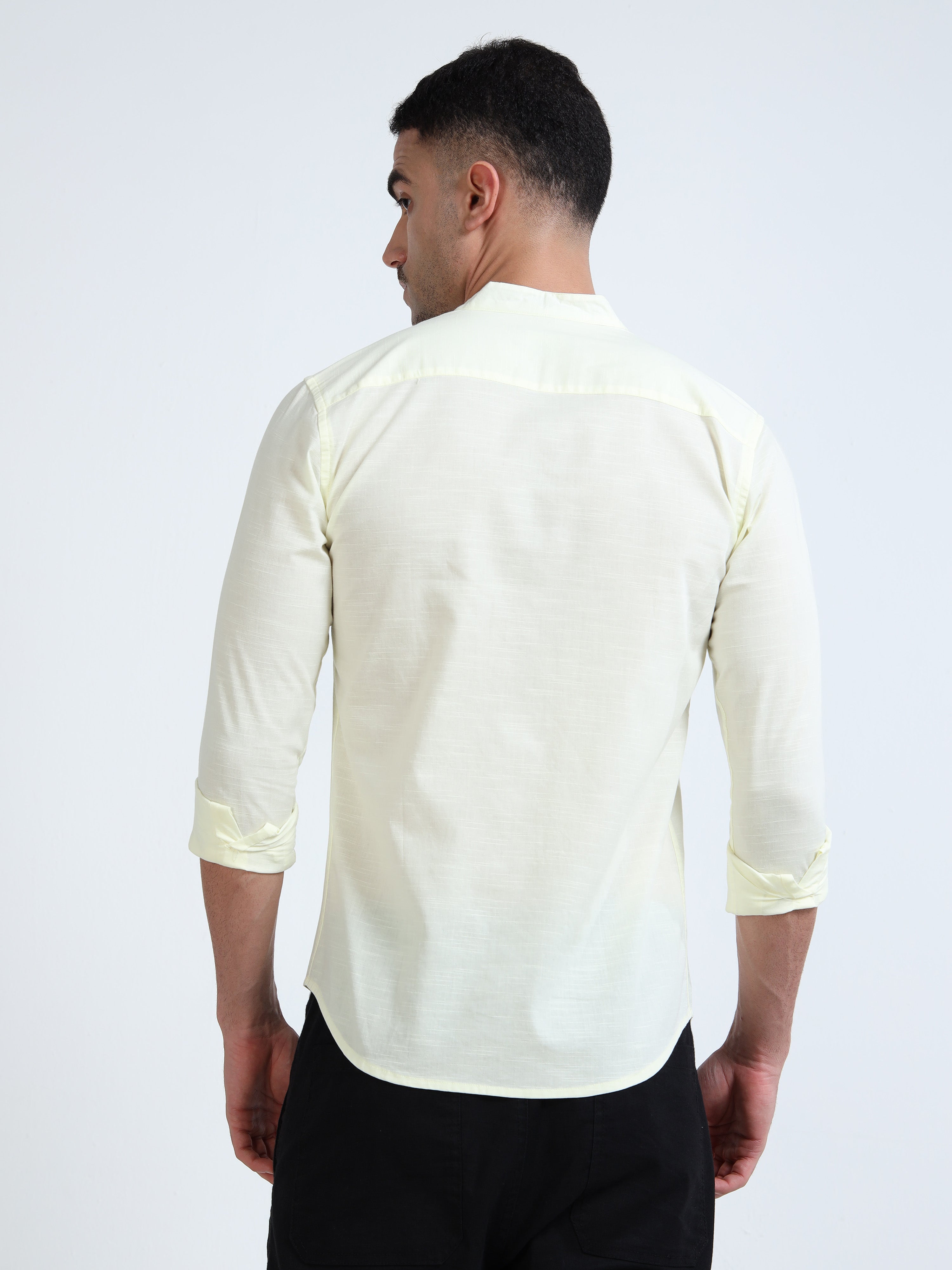 Light Yellow Mandarin Collar Cotton-Lenin Shirt