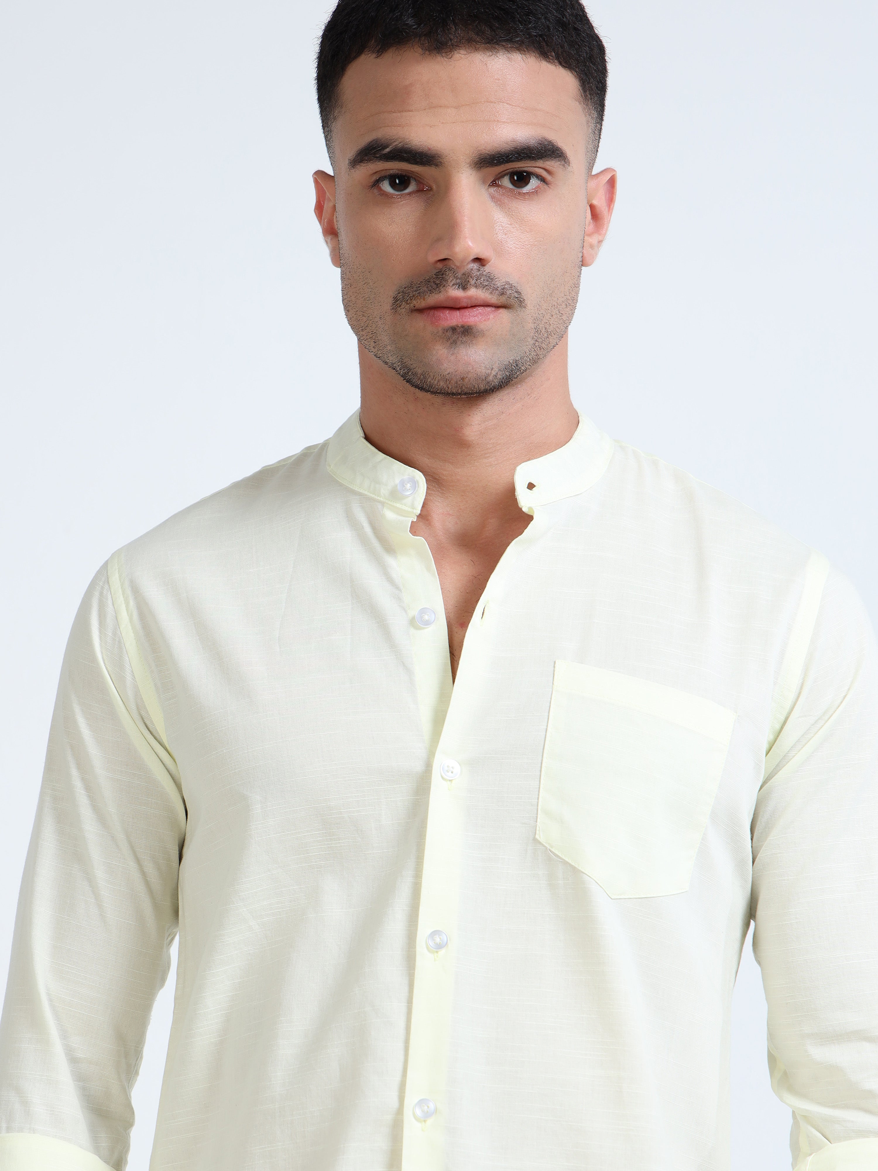 Light Yellow Mandarin Collar Cotton-Lenin Shirt