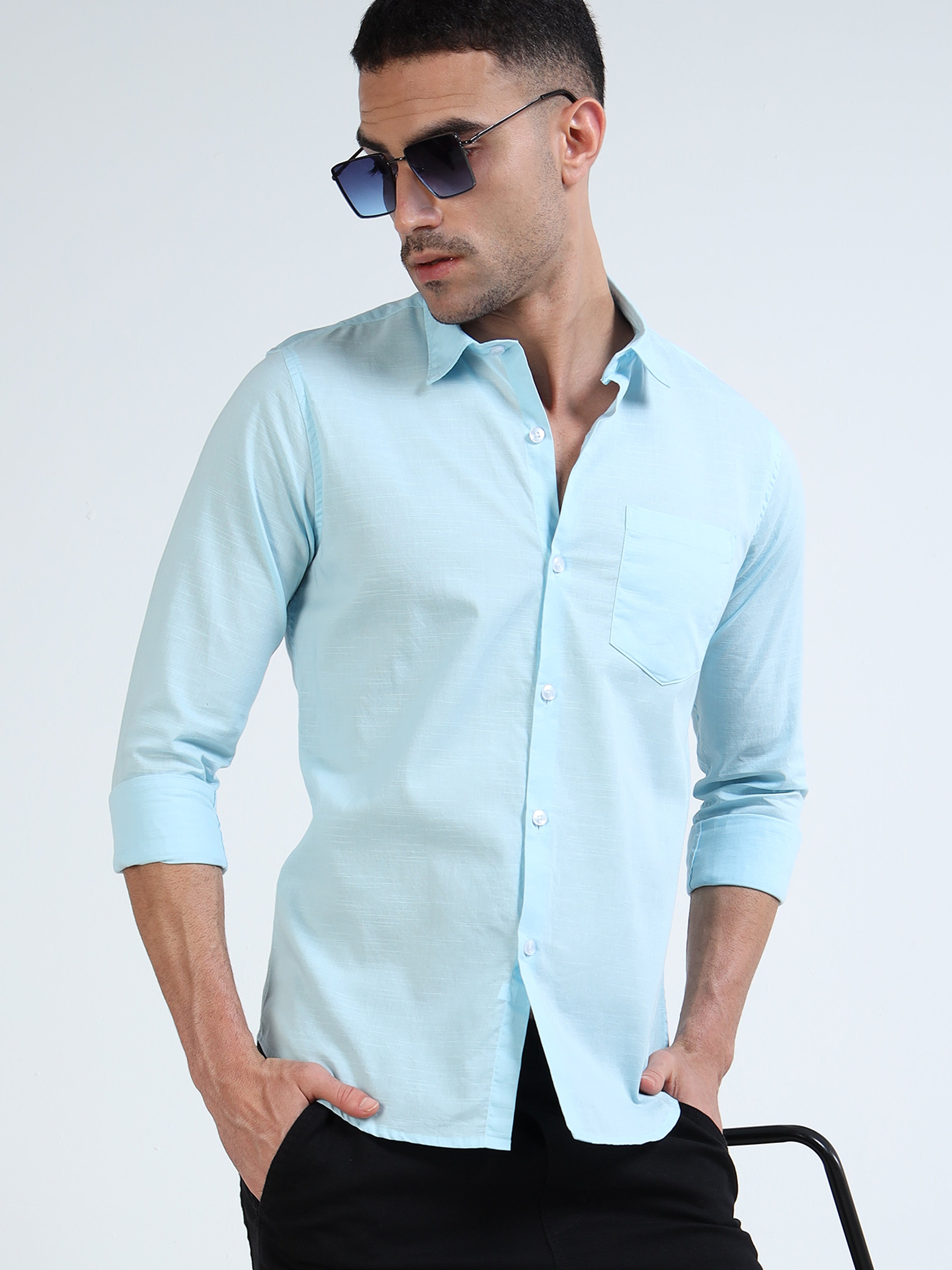 Eton Blue Classic Cotton-Lenin Shirt