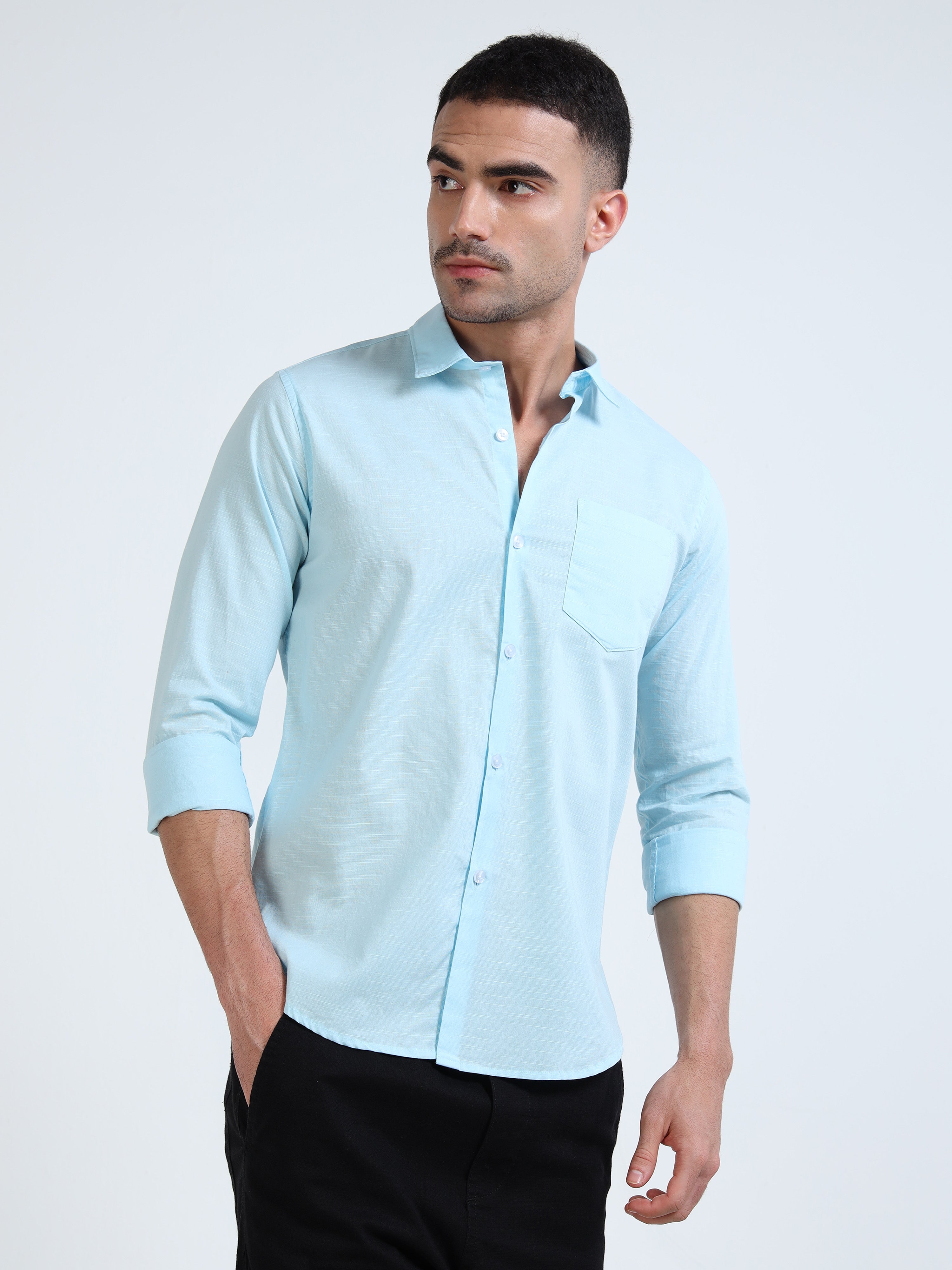 Eton Blue Classic Cotton-Lenin Shirt