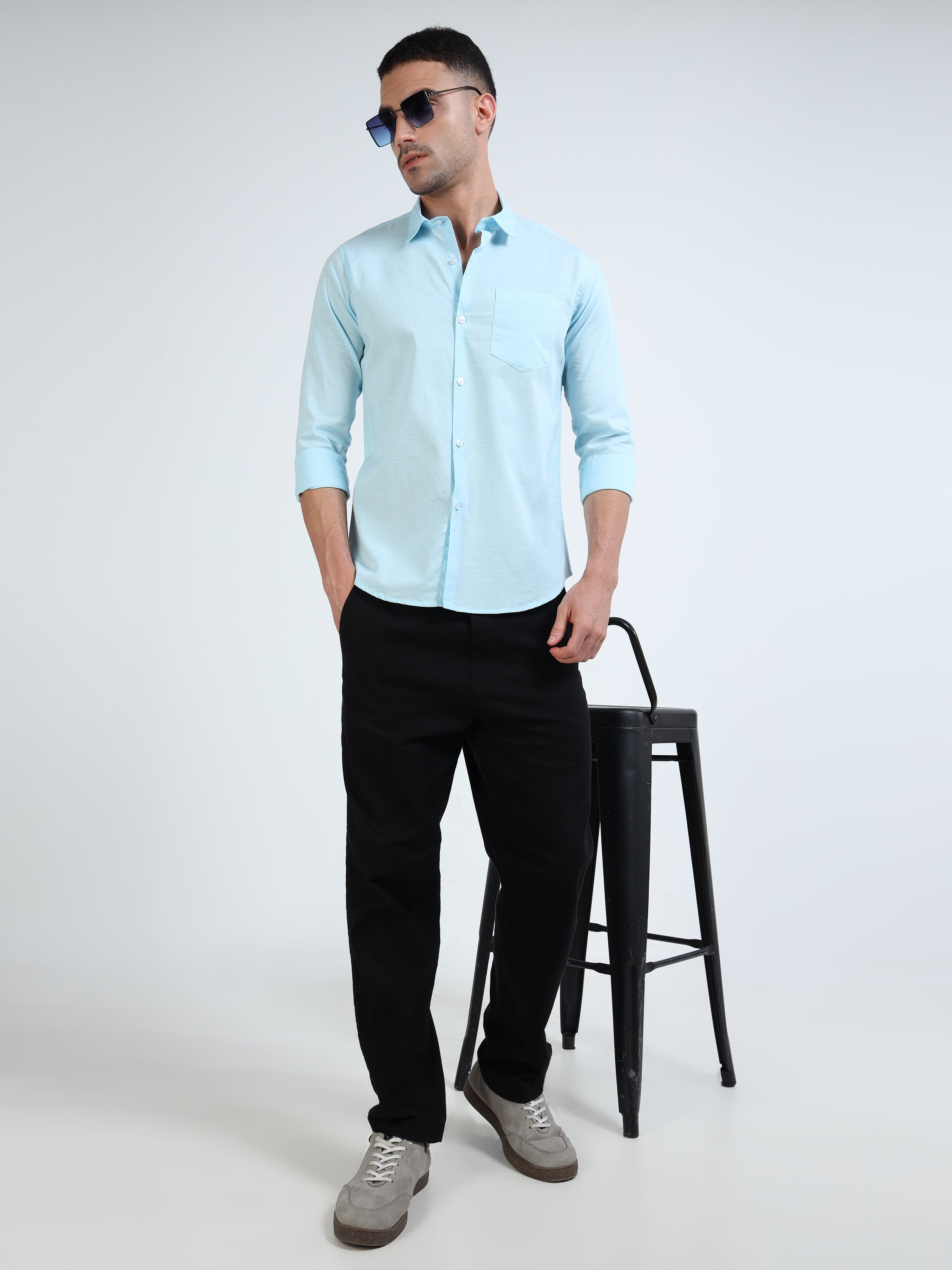 Eton Blue Classic Cotton-Lenin Shirt