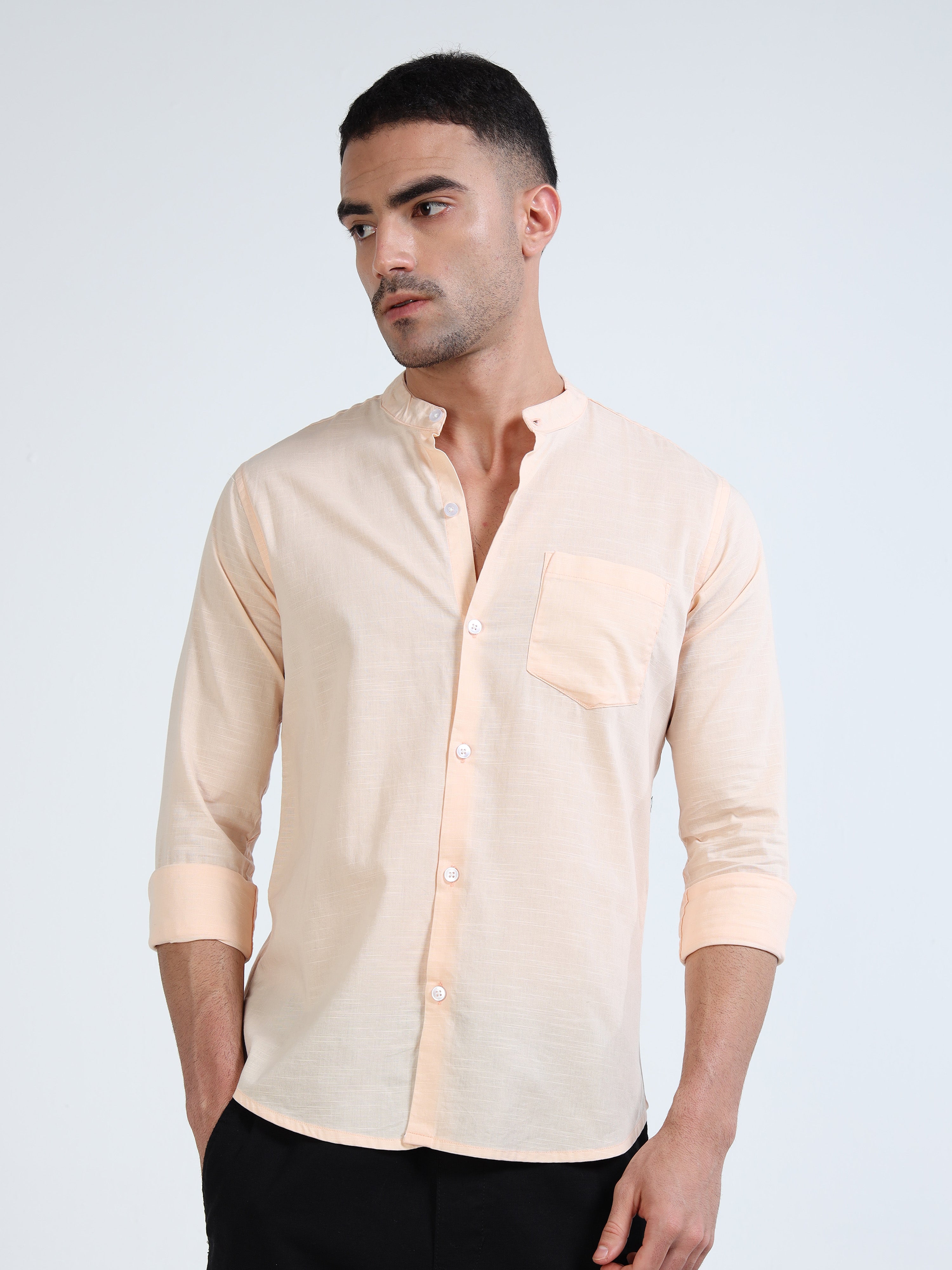 Peach Mandarin Cotton-Lenin Shirt