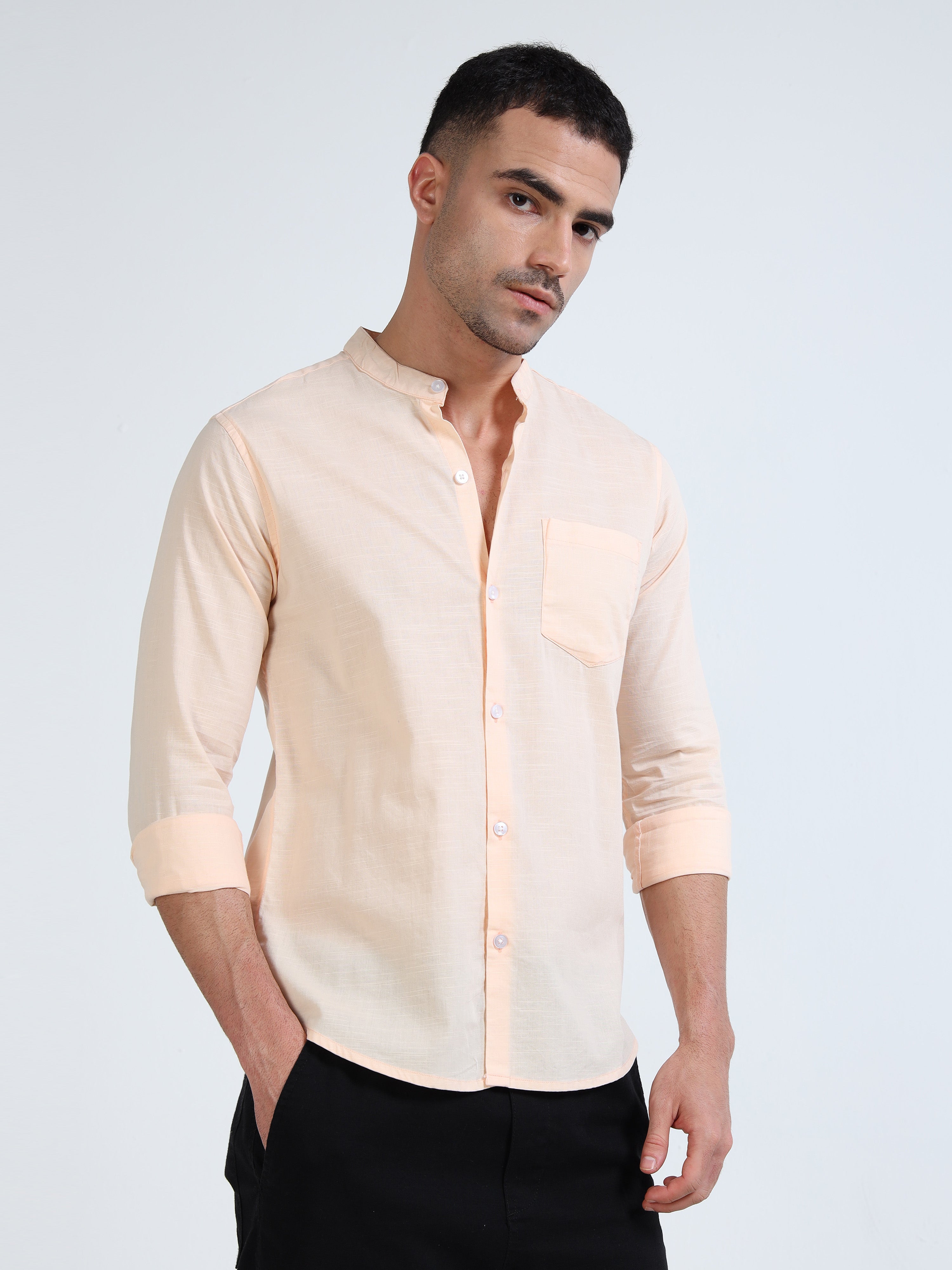 Peach Mandarin Cotton-Lenin Shirt