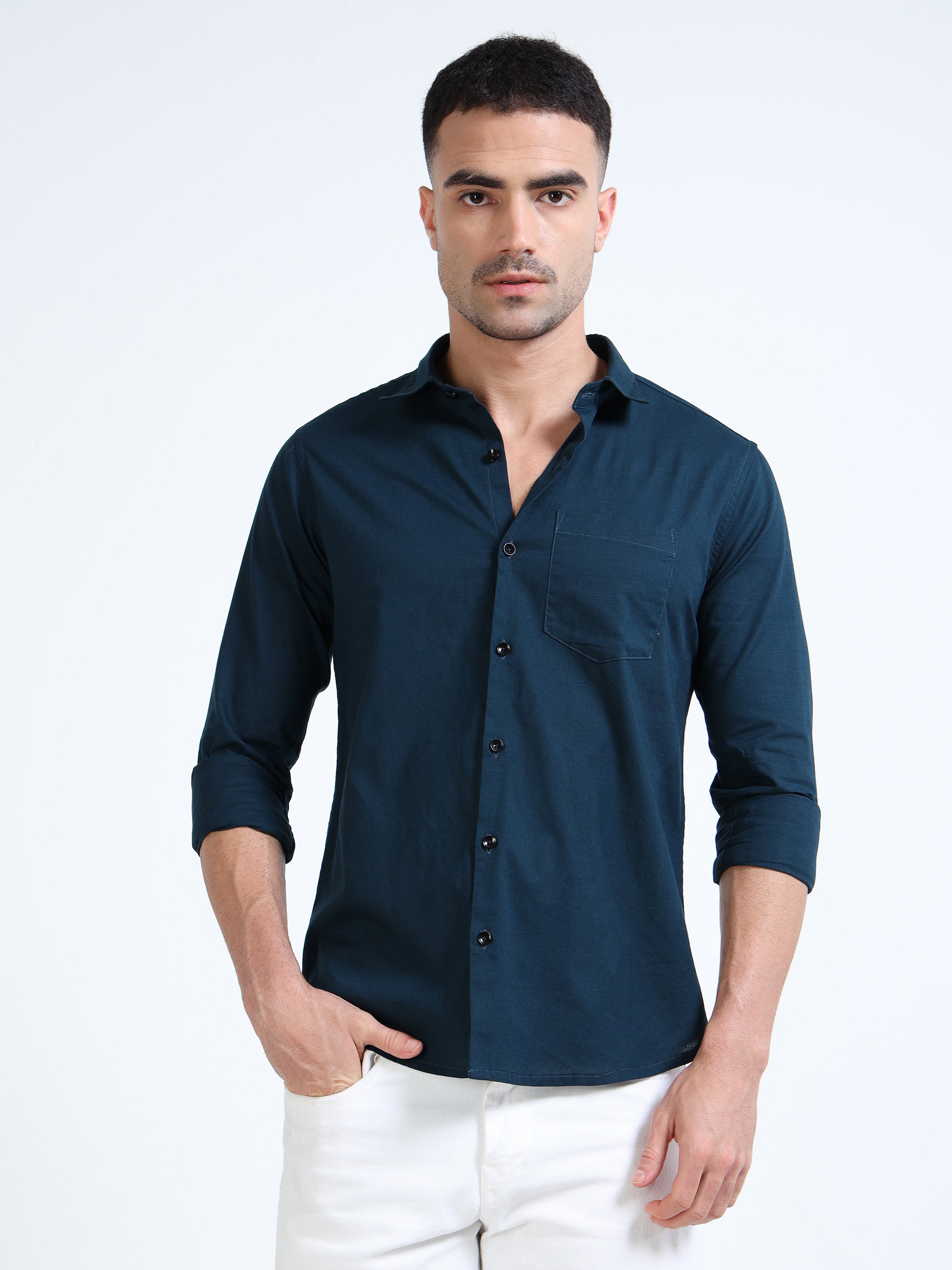 Marine Blue Classic Cotton-Lenin Shirt