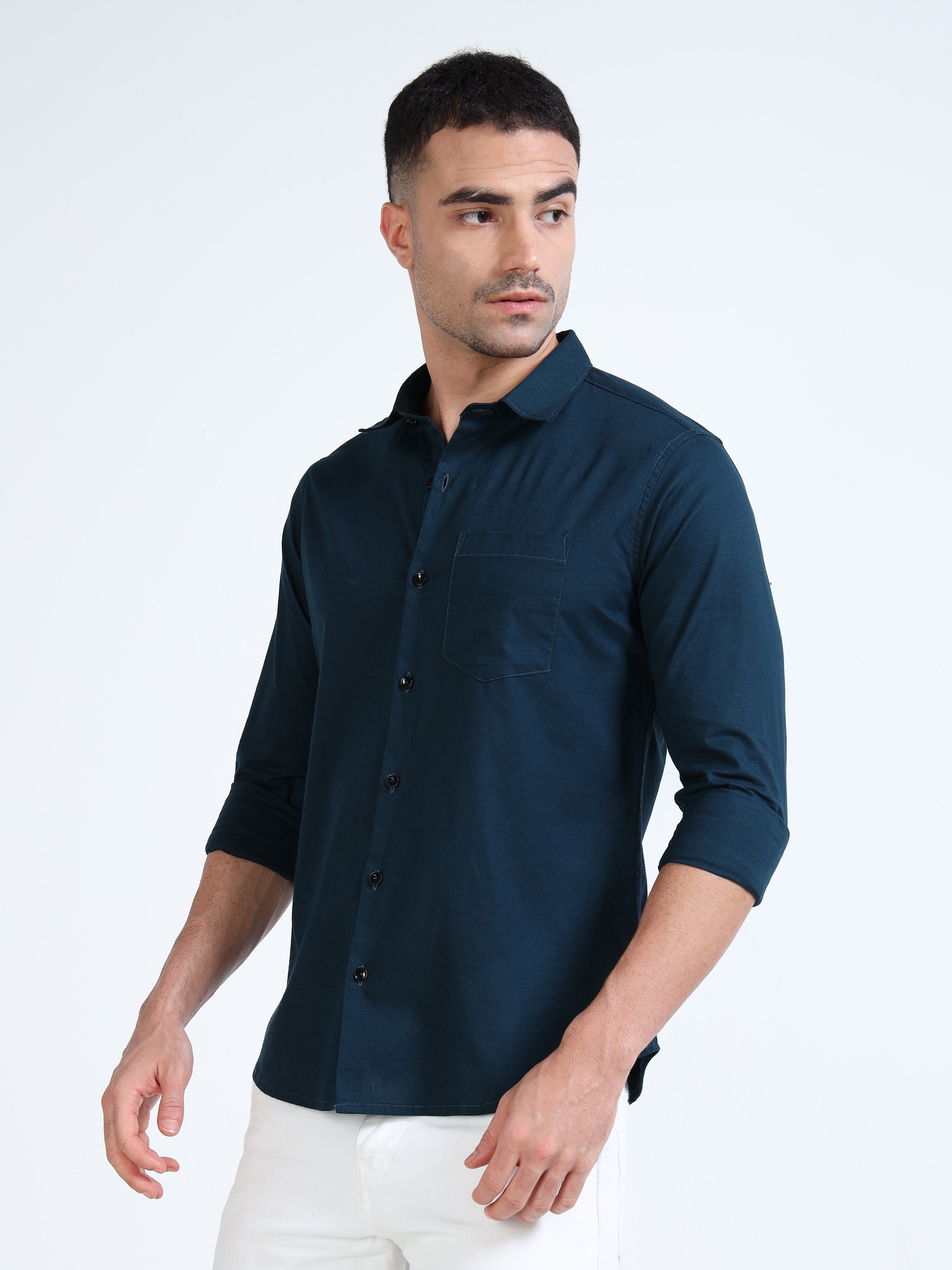 Marine Blue Classic Cotton-Lenin Shirt