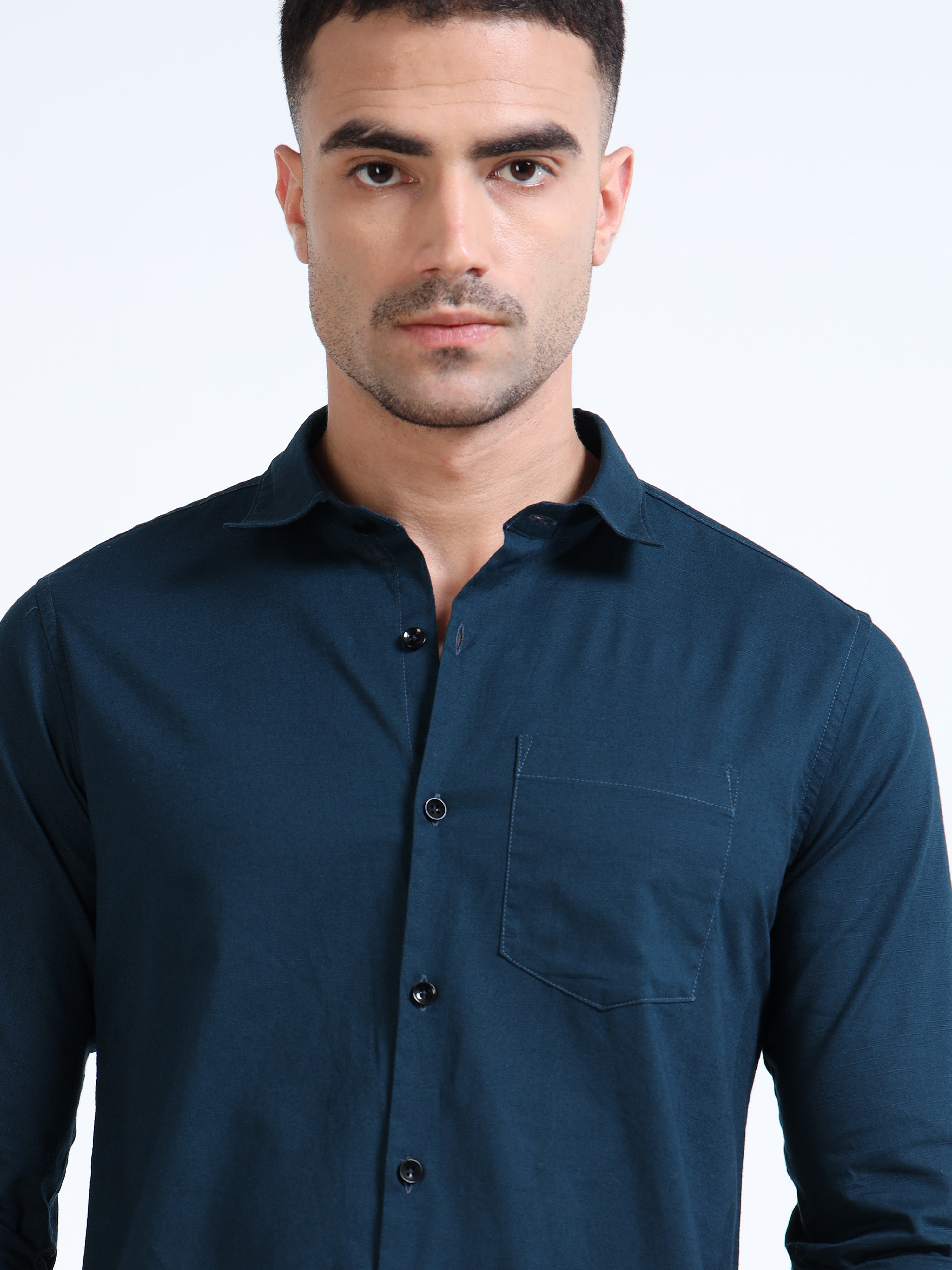 Marine Blue Classic Cotton-Lenin Shirt