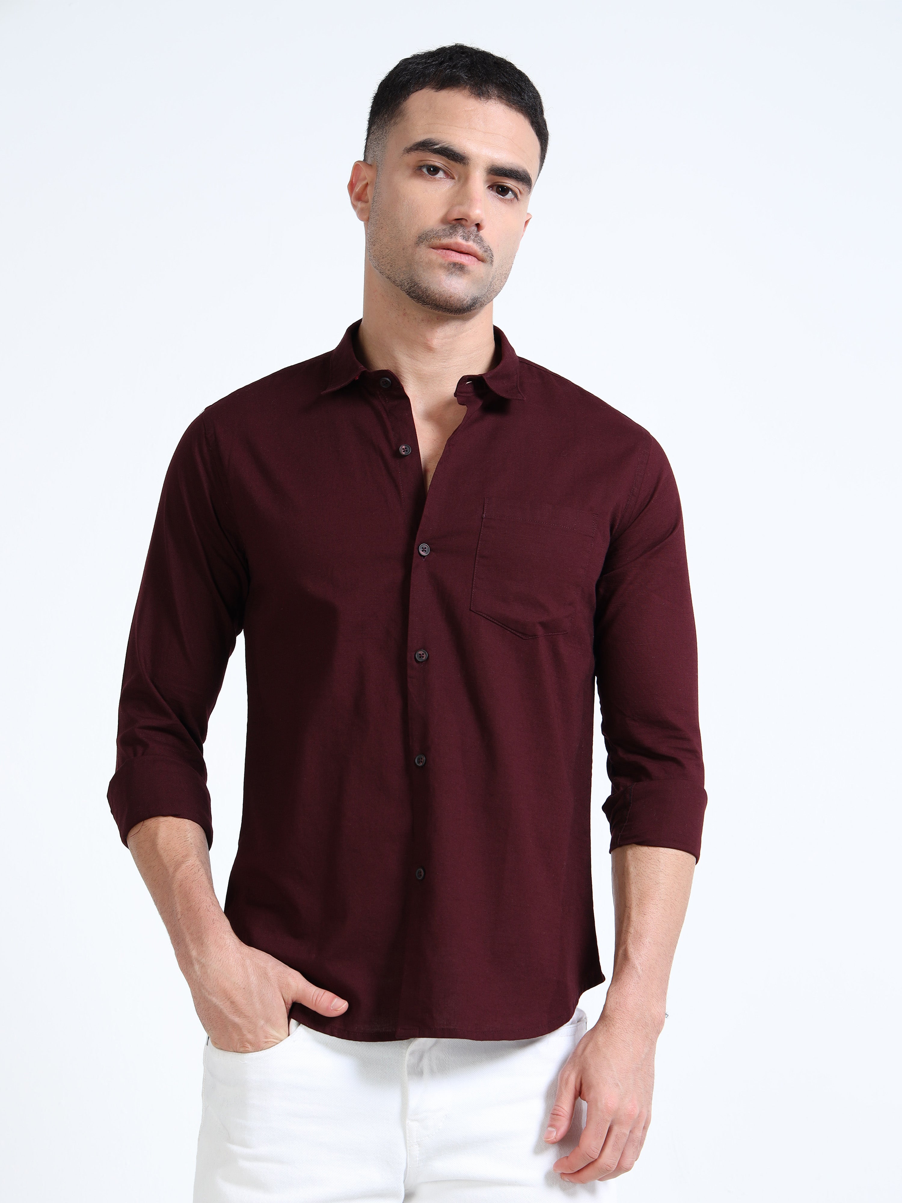 Crimson Red Classic Cotton-Lenin Shirt