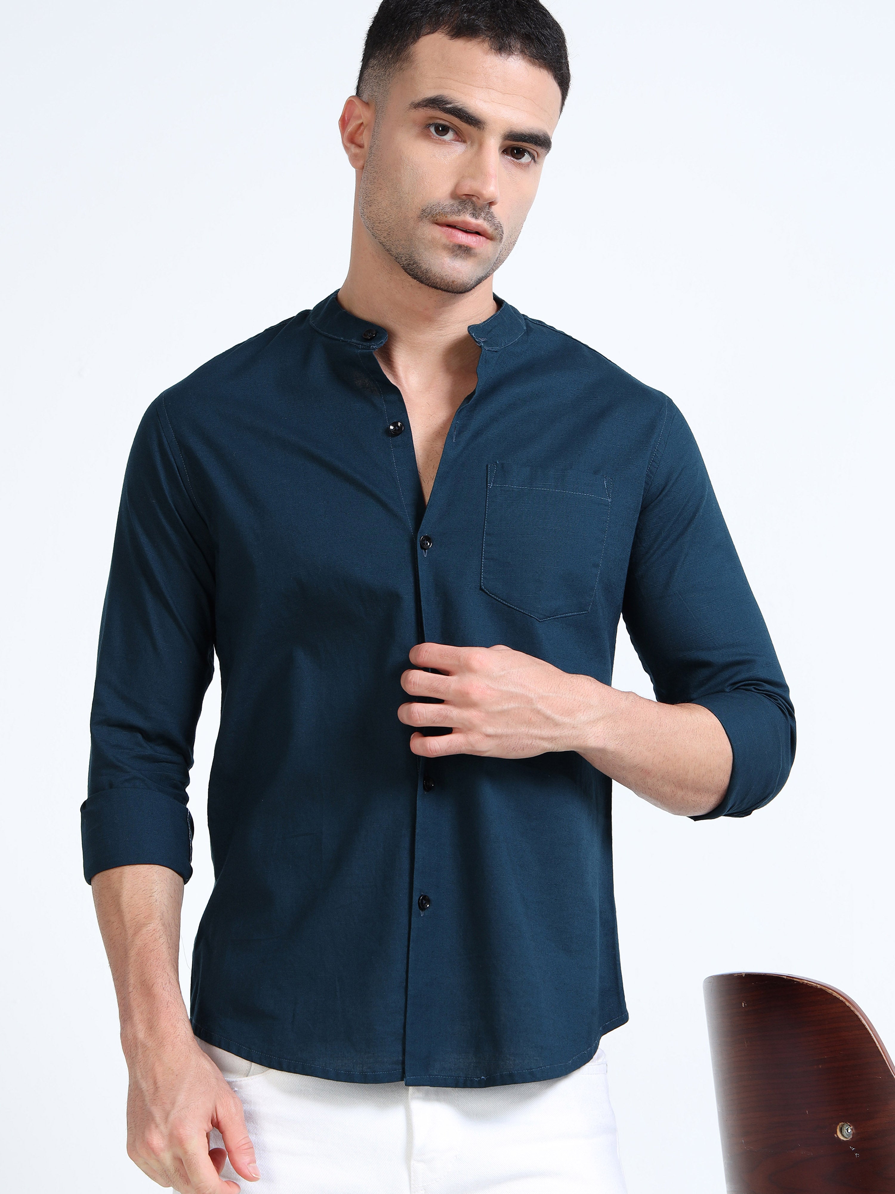 Marine Blue Mandarin Collar Cotton-lenin Shirt