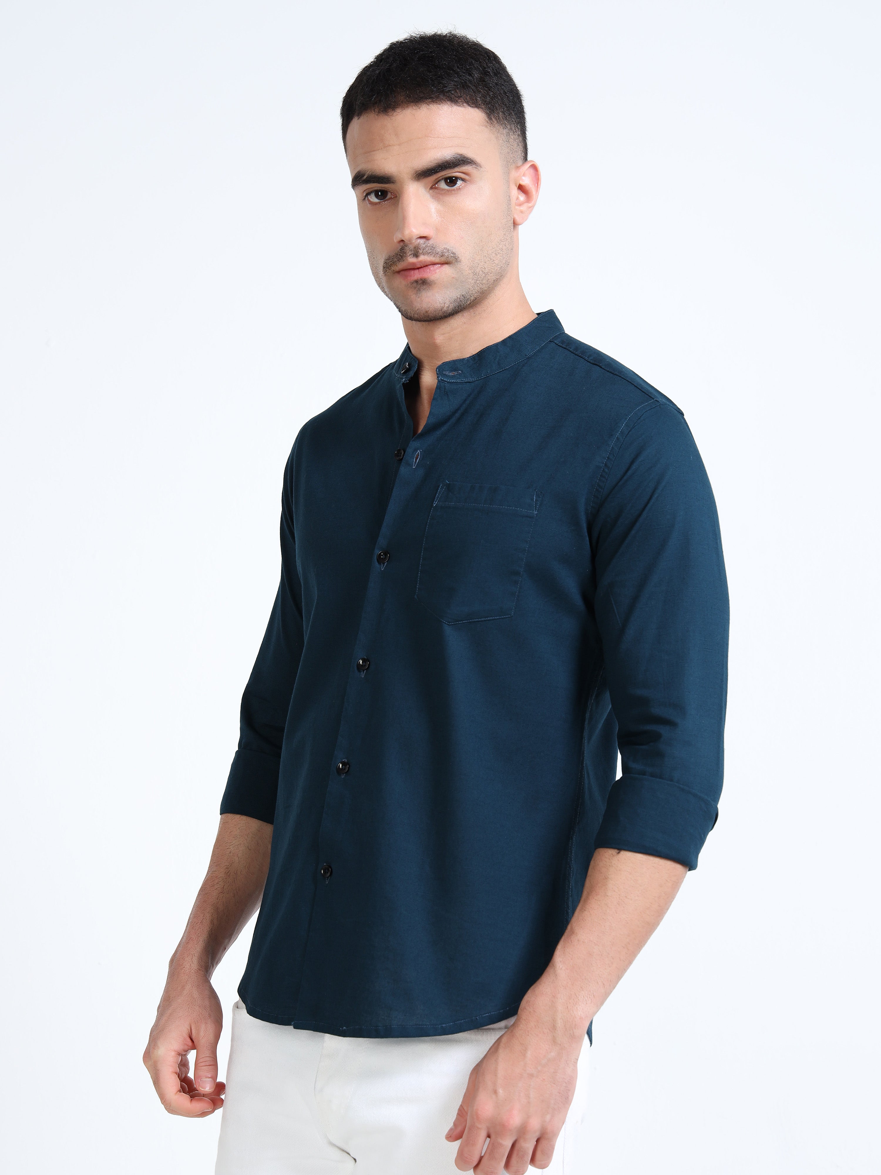 Marine Blue Mandarin Collar Cotton-lenin Shirt