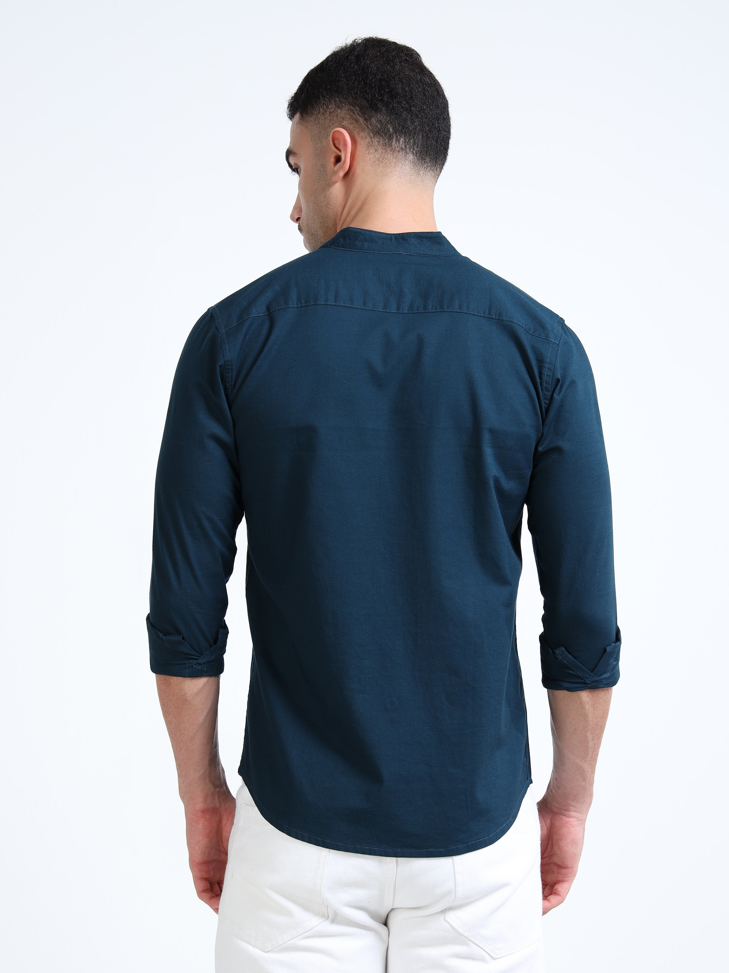 Marine Blue Mandarin Collar Cotton-lenin Shirt