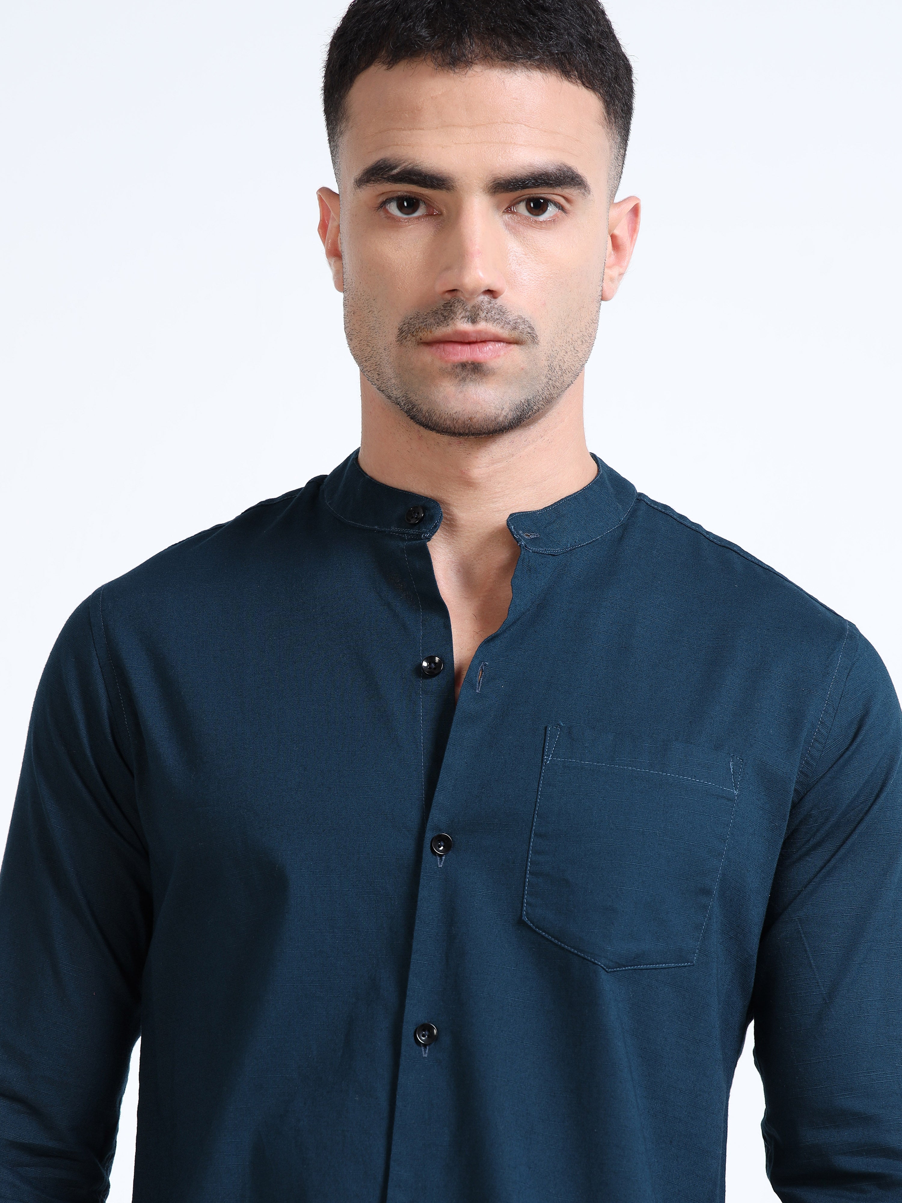 Marine Blue Mandarin Collar Cotton-lenin Shirt