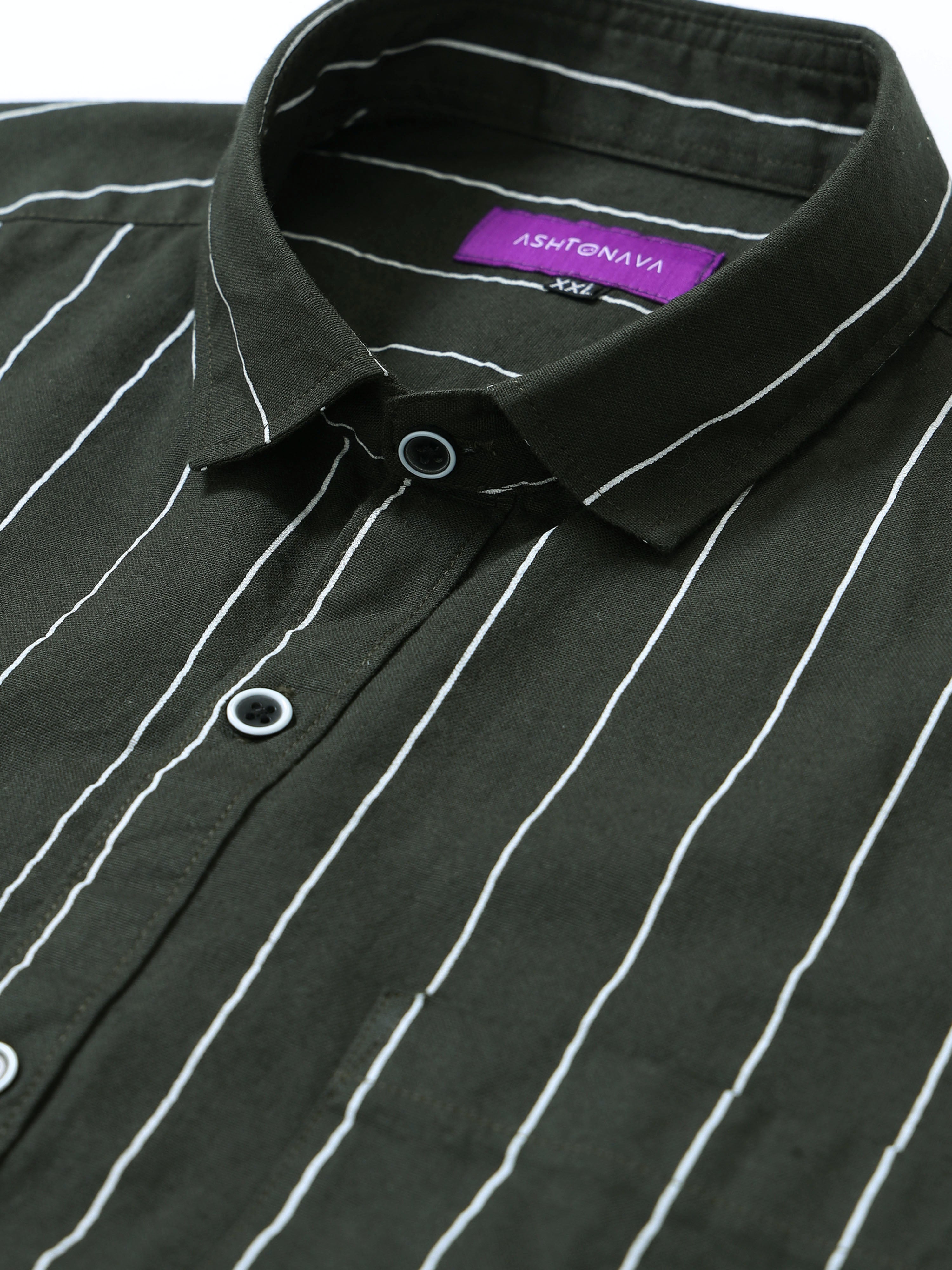 Olive Green Stripped Casual Full Hands Shirt