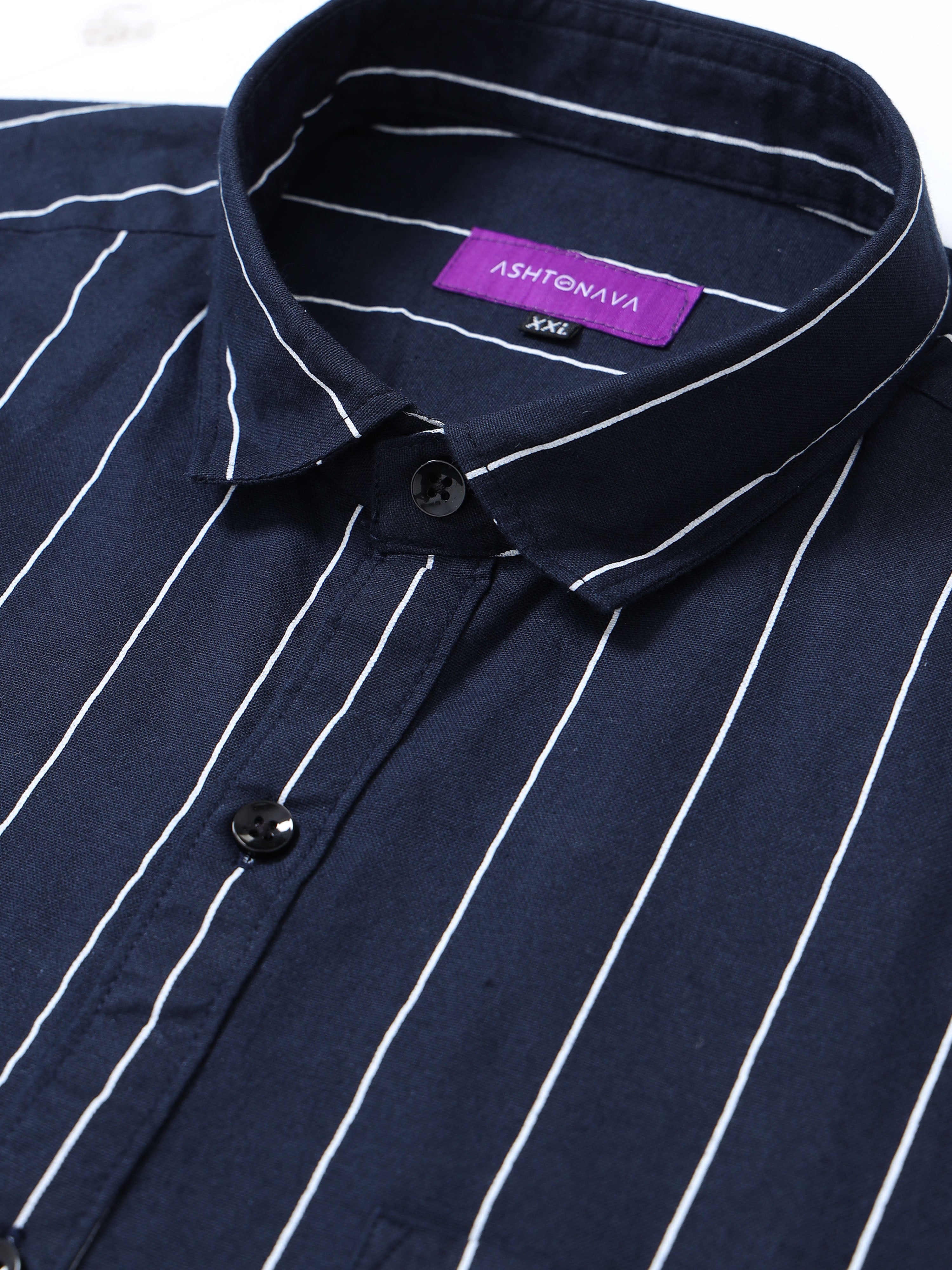 Navy Blue Stripped Casual Full Hands Shirt