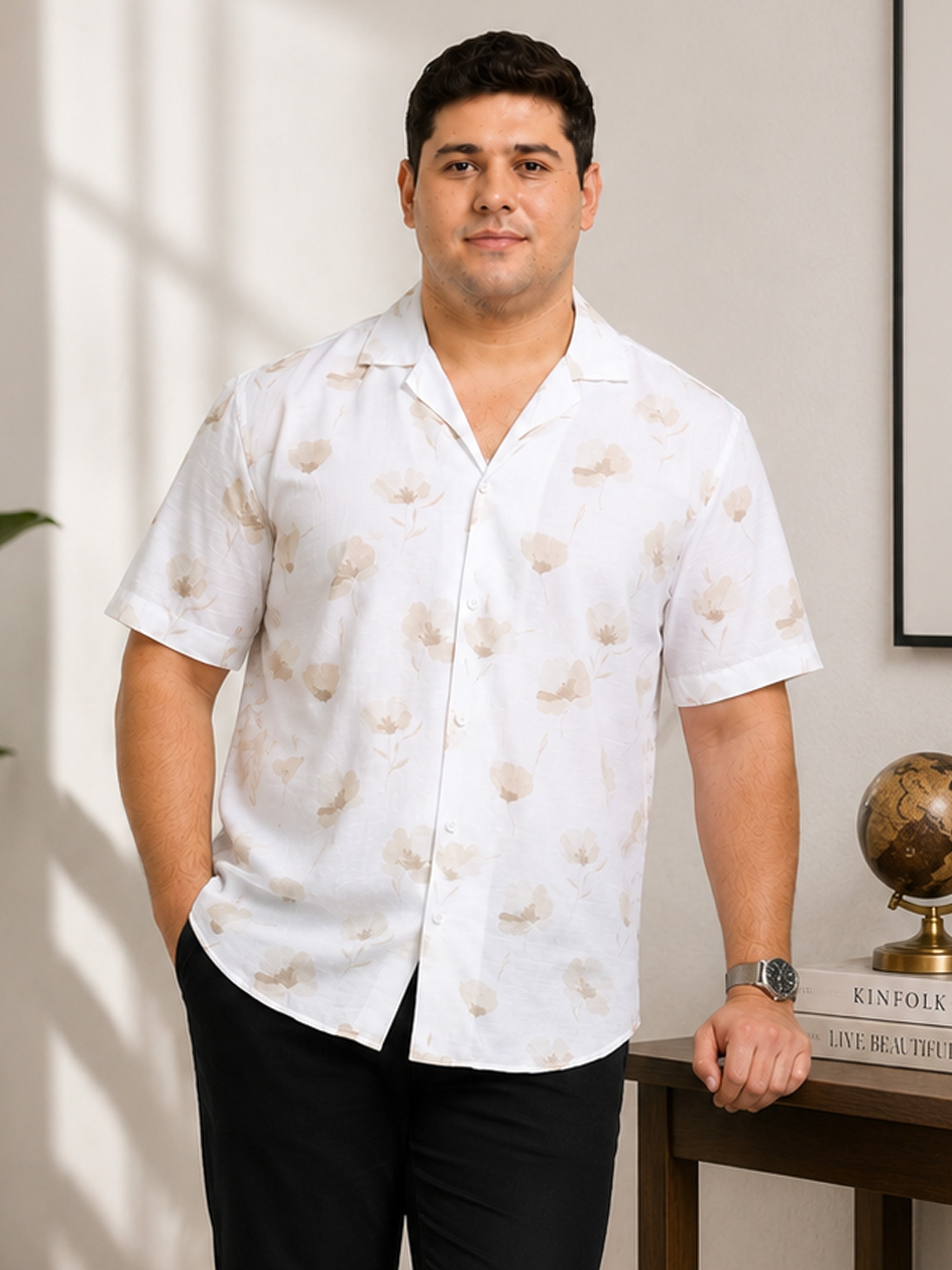 White Floral Printed Cubban Collar Shirt