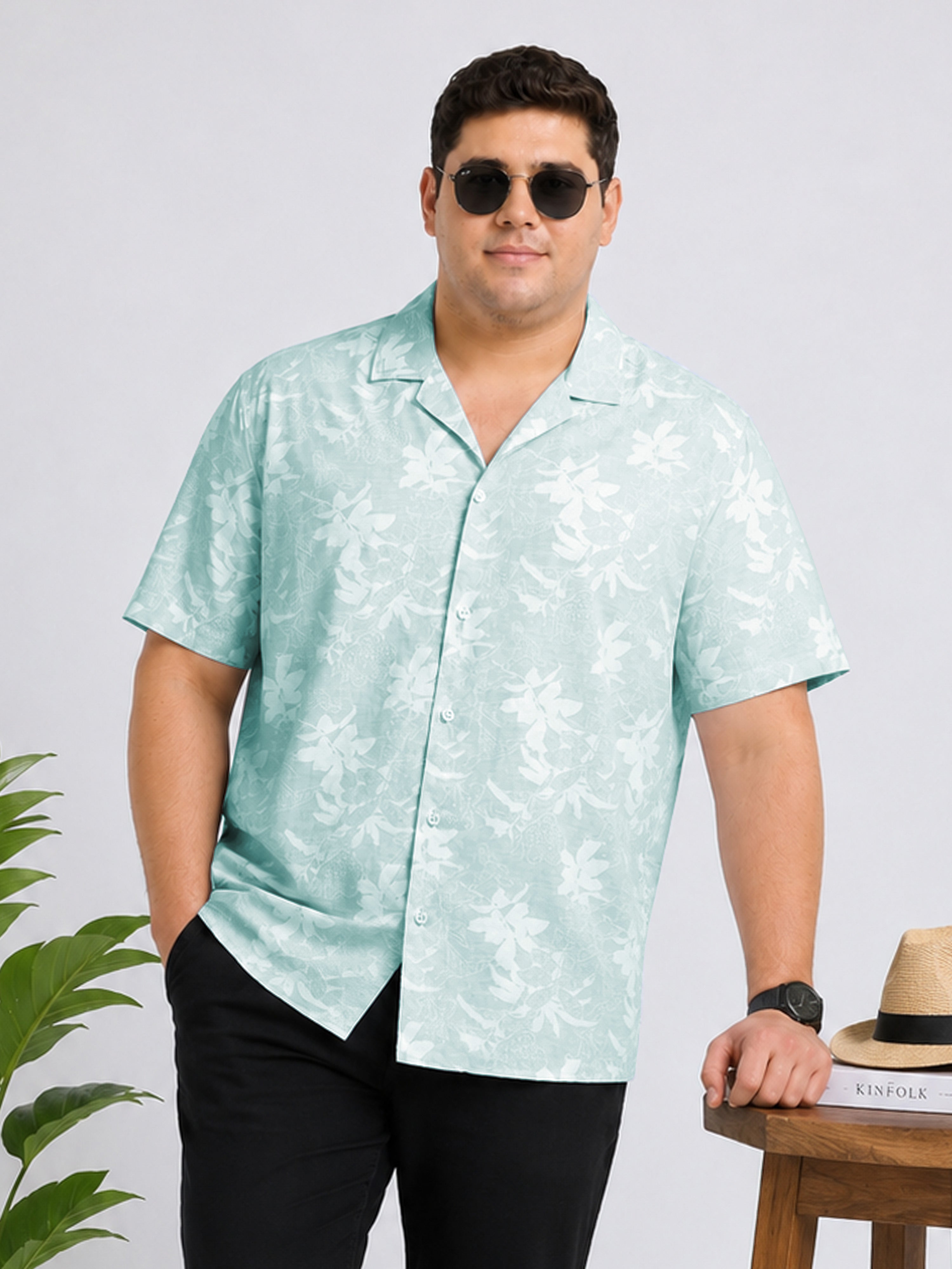 Green Floral Printed Cubban Collar Shirt