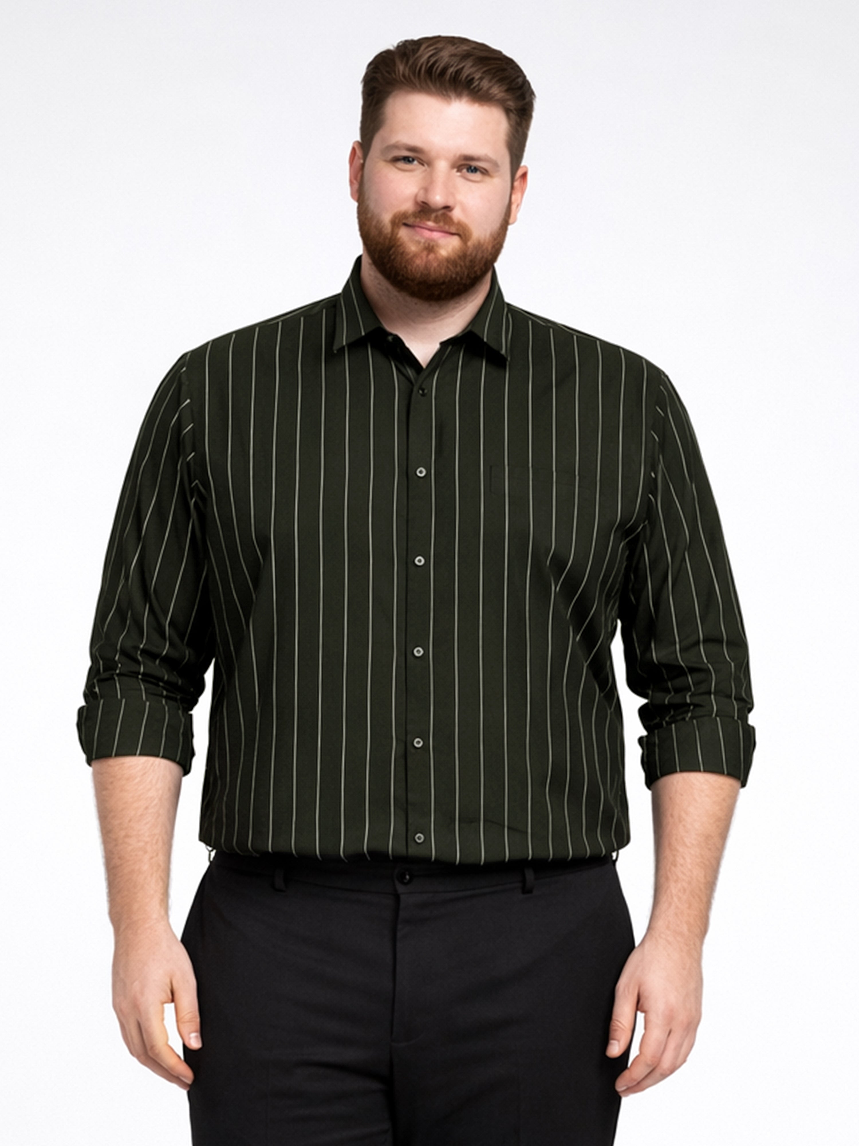 Olive Green Stripped Casual Full Hands Shirt