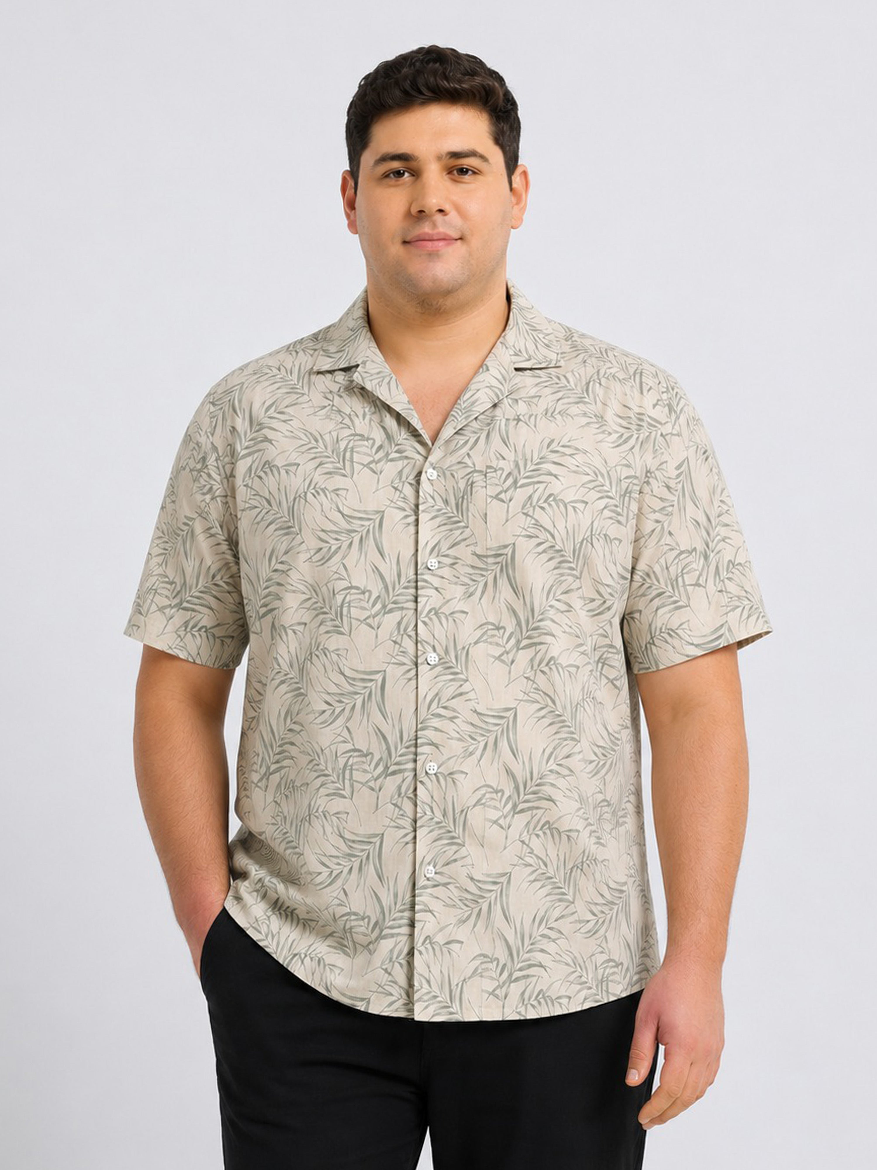 Biege Printed Cubban Collar Shirt