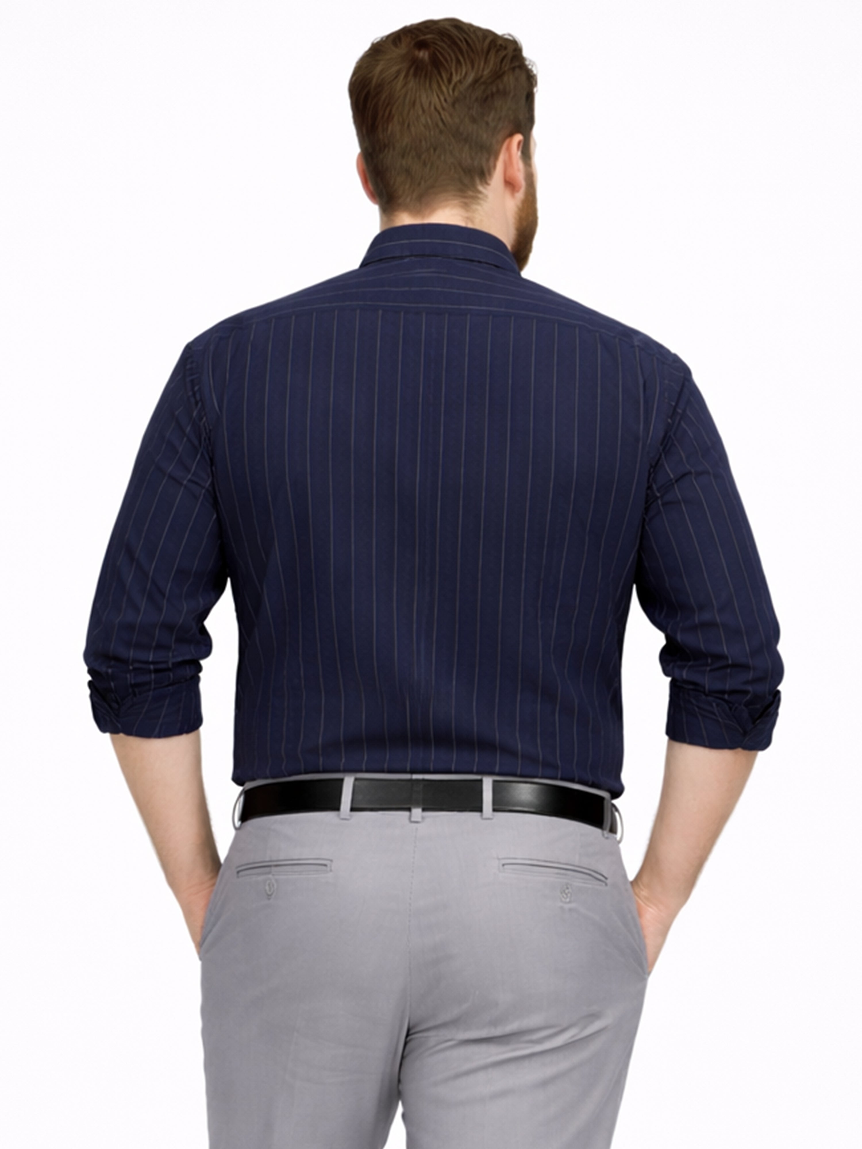 Navy Blue Stripped Casual Full Hands Shirt