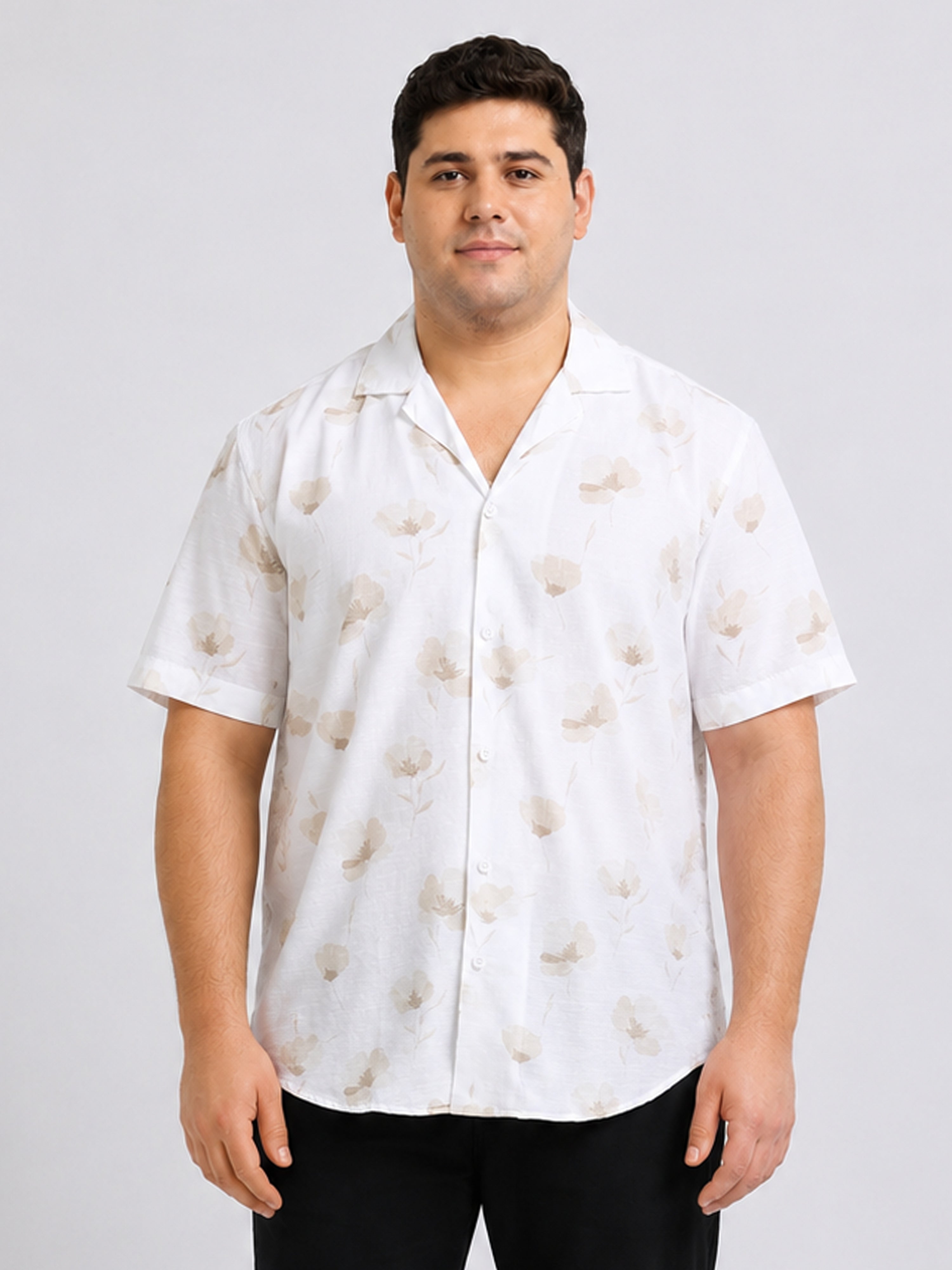 White Floral Printed Cubban Collar Shirt
