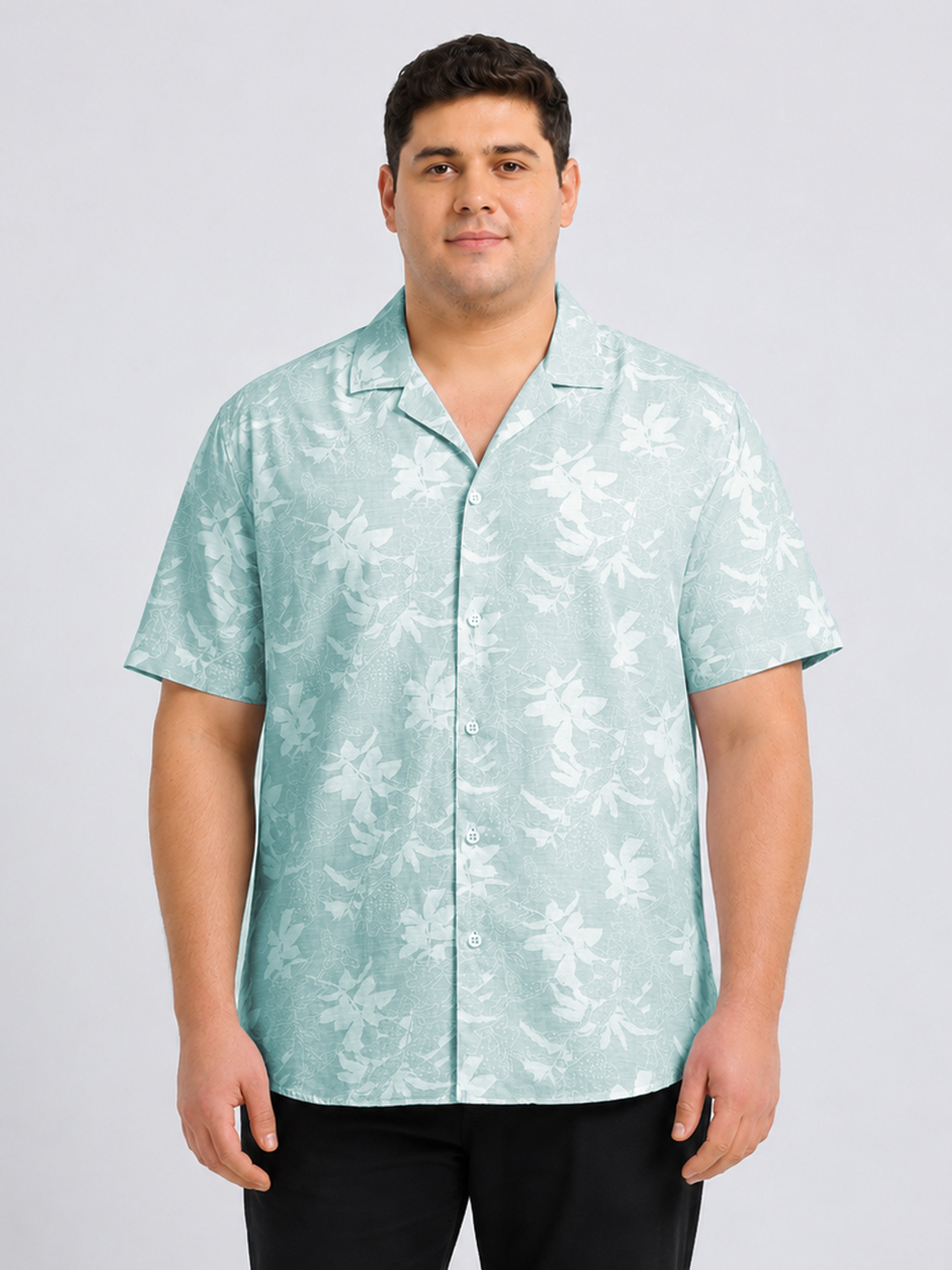 Green Floral Printed Cubban Collar Shirt
