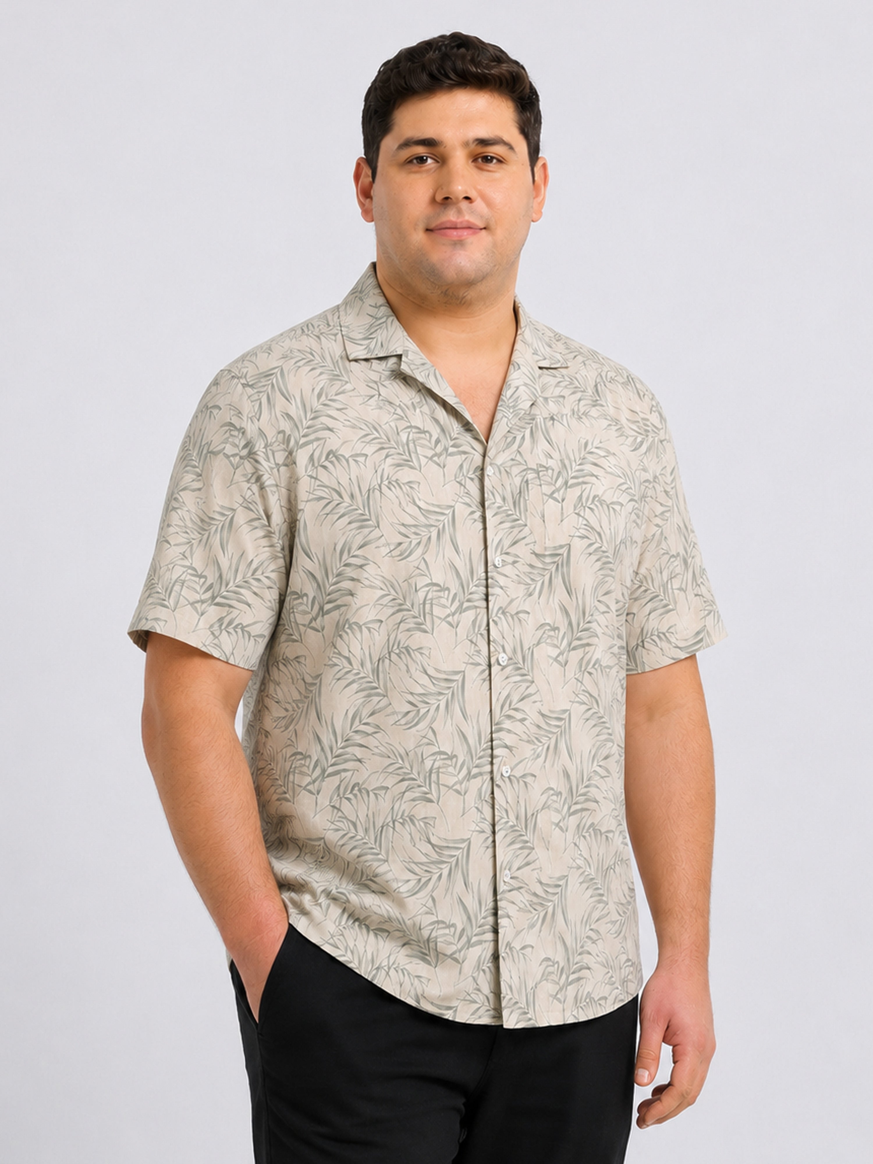 Biege Printed Cubban Collar Shirt