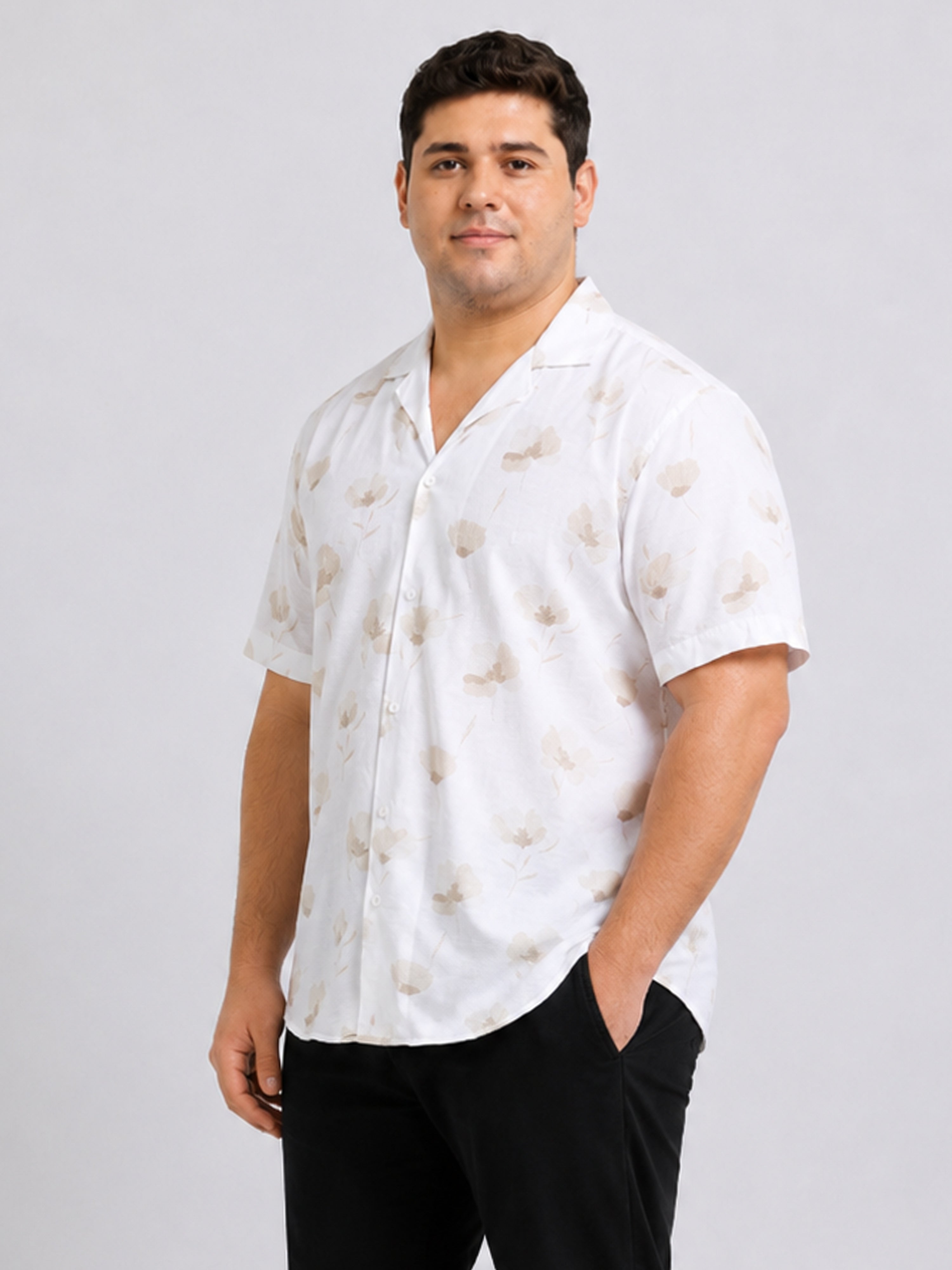 White Floral Printed Cubban Collar Shirt