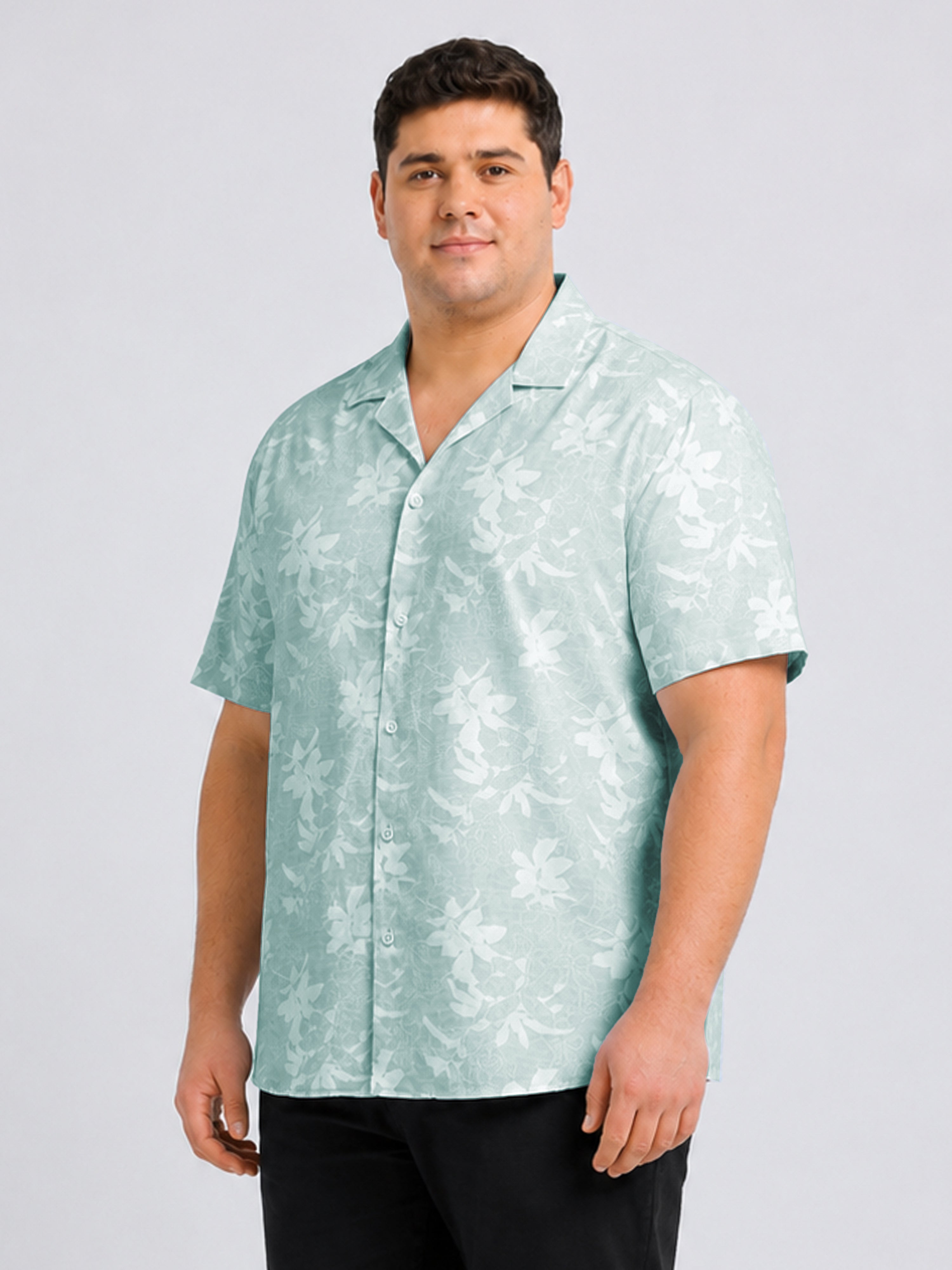 Green Floral Printed Cubban Collar Shirt