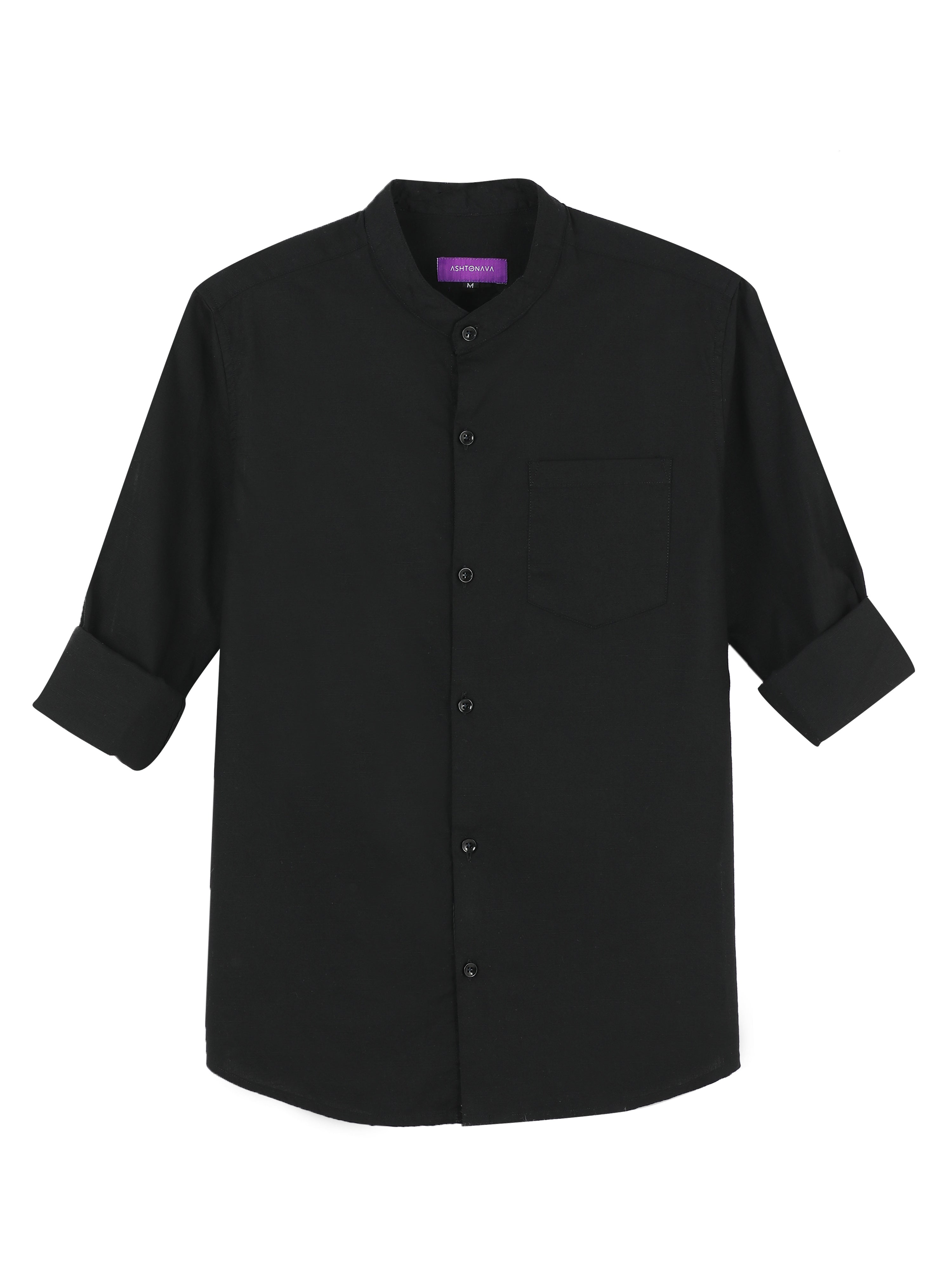 Midnight Black Mandarin Collar Cotton-lenin Shirt