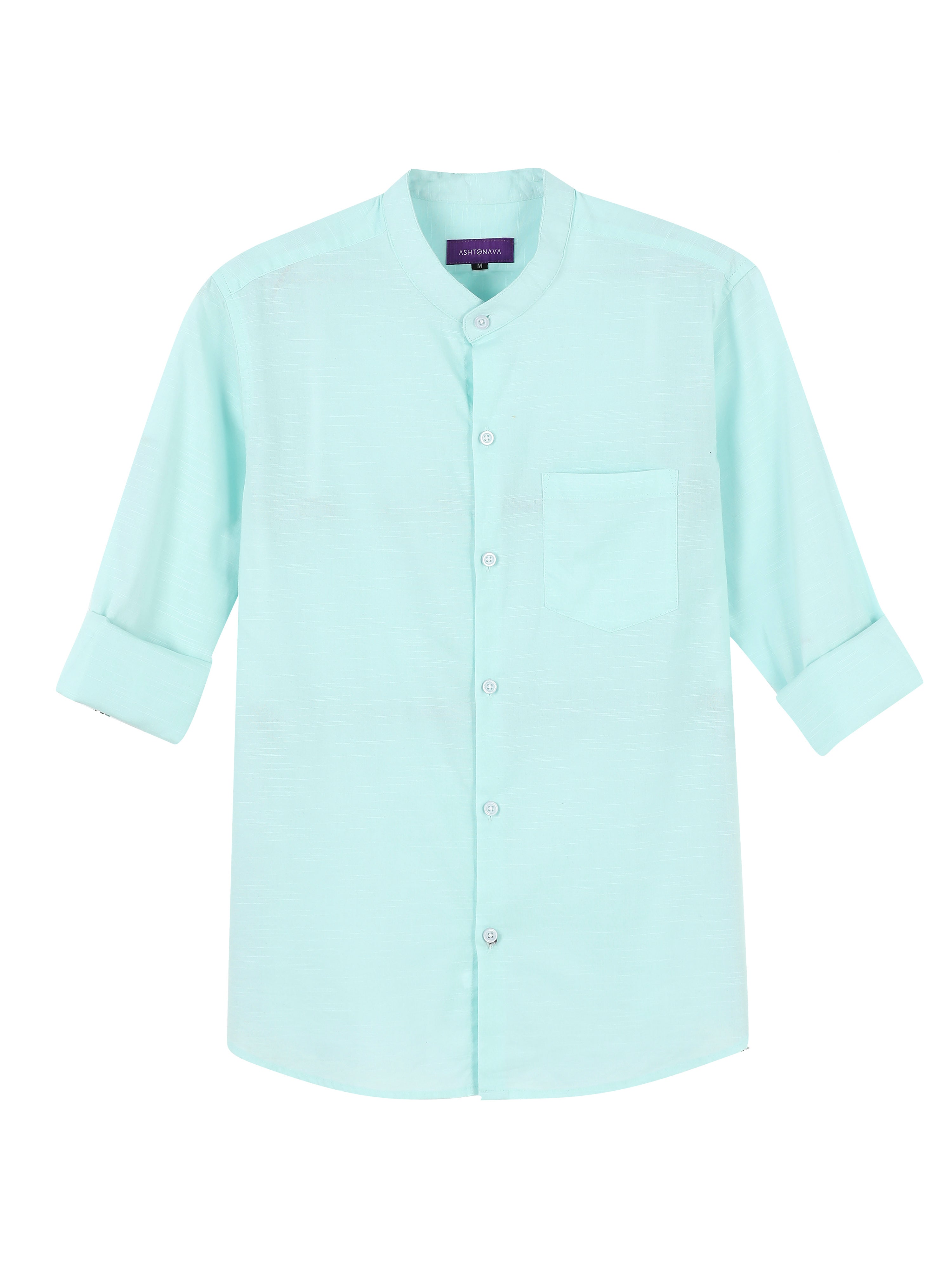 Old Ivy Green Mandarin Collar Cotton-Lenin Shirt