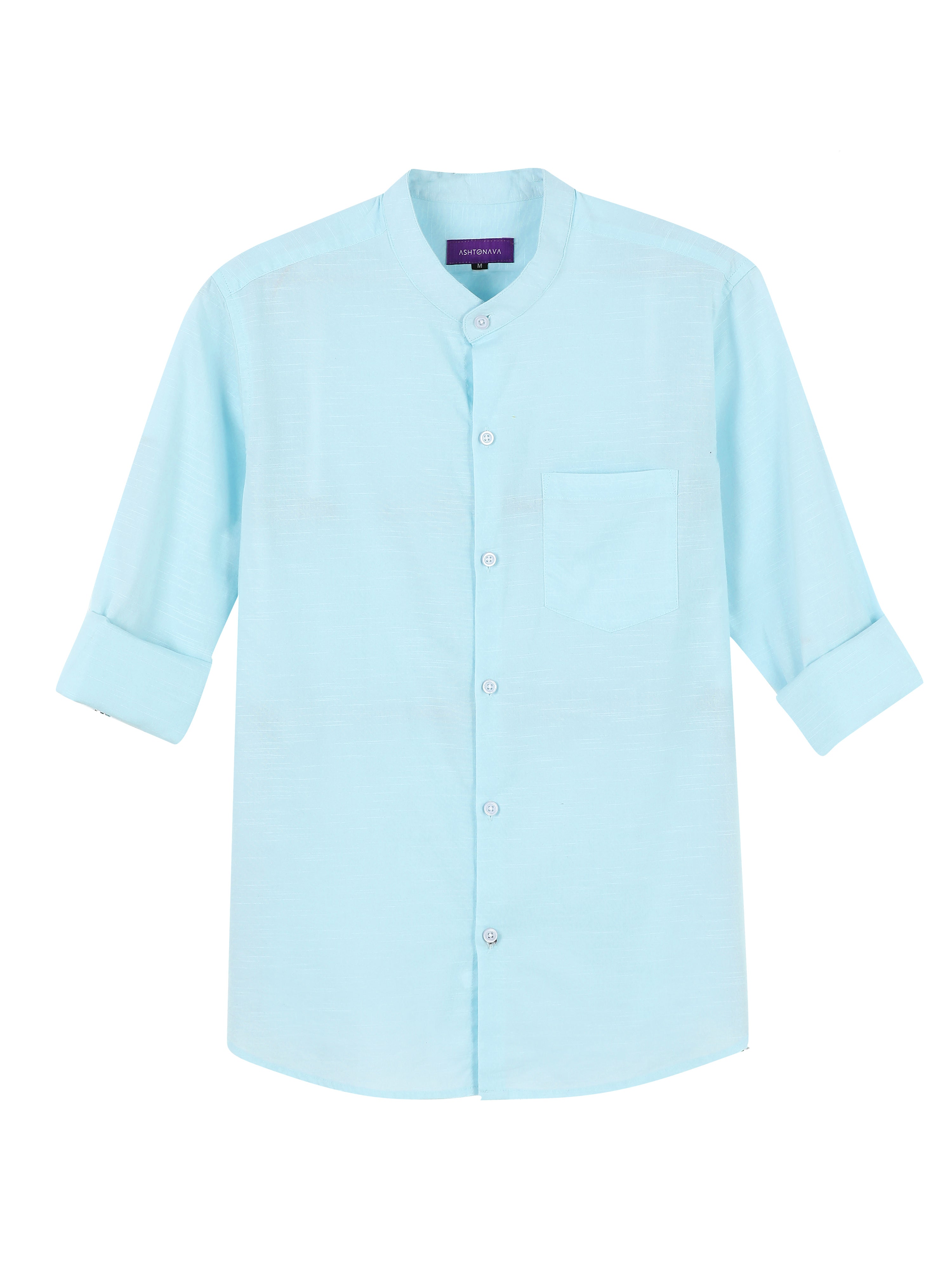 Sky Blue Mandarin Collar Cotton-Lenin Shirt