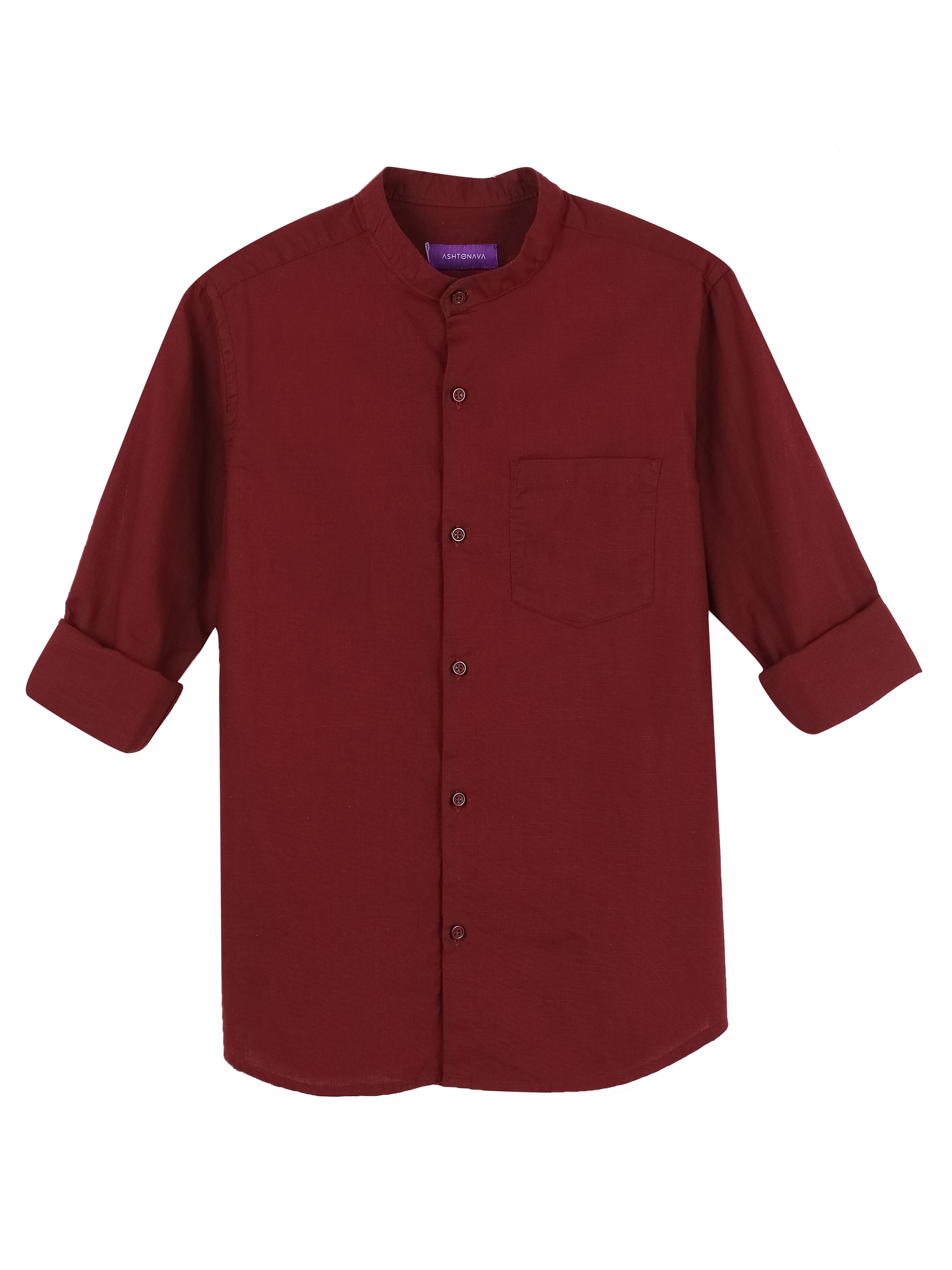 Garnet Red Classic Mandarin Collar Cotton-Lenin Shirt