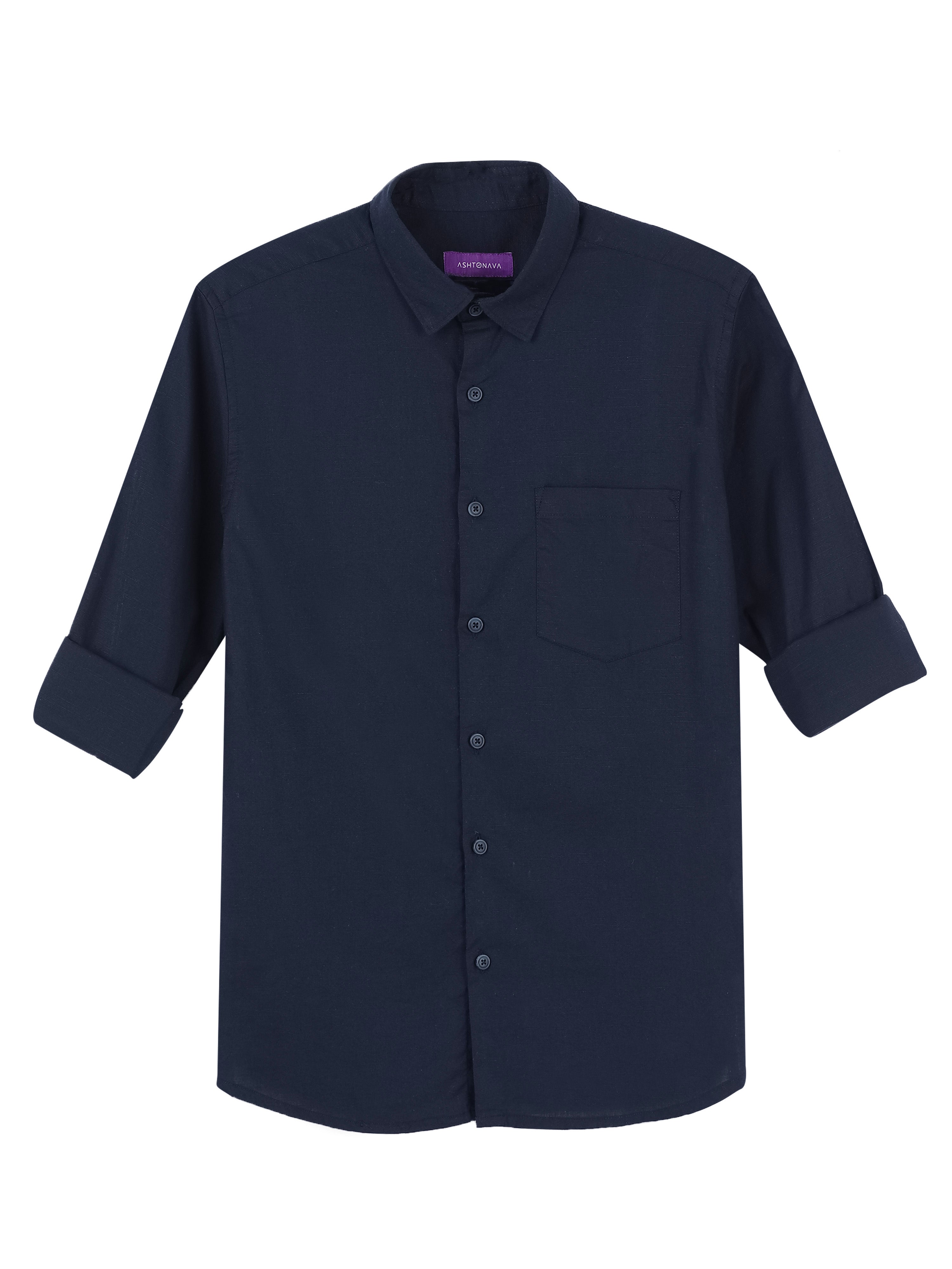 Navy Blue Classic Cotton-Lenin Shirt