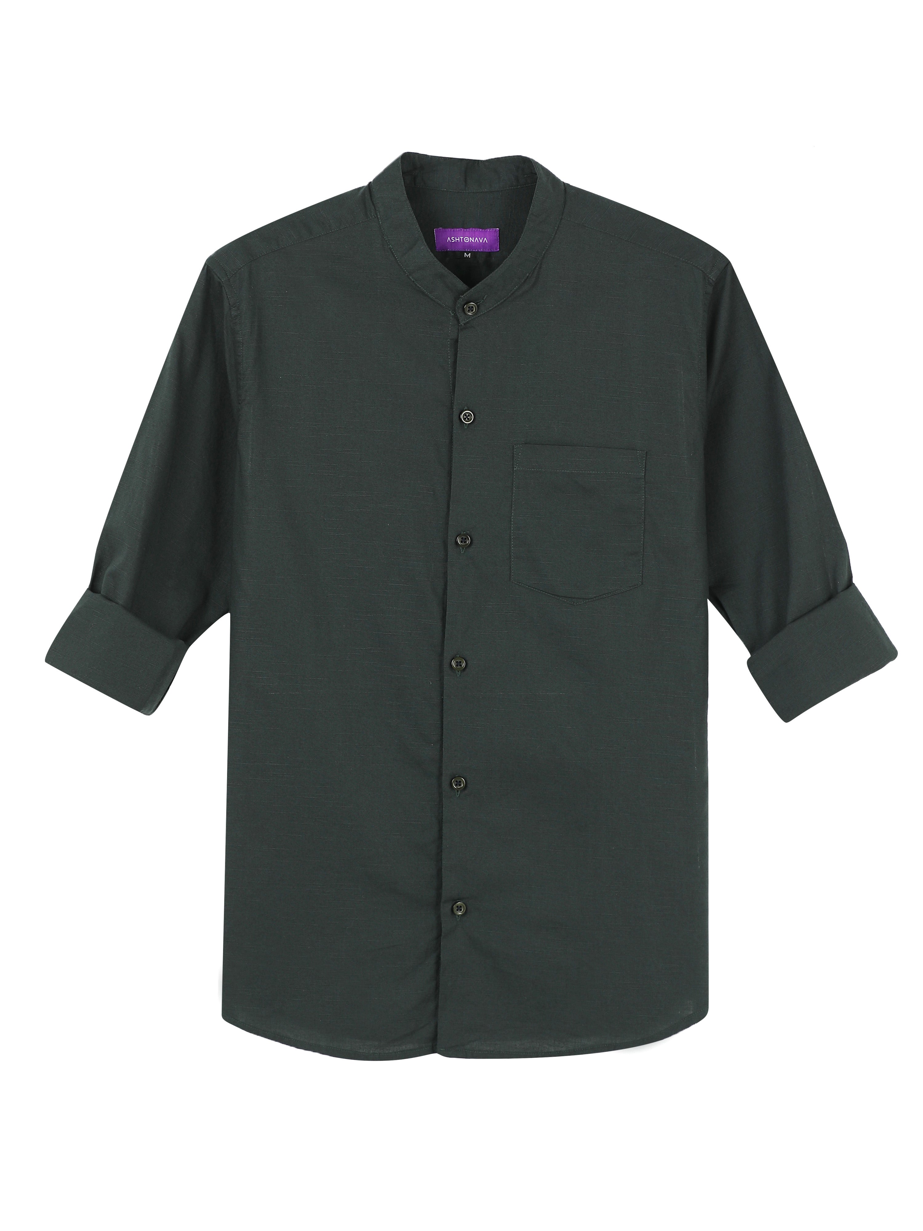 Pine Green Mandarin Collar Cotton-Lenin Shirt