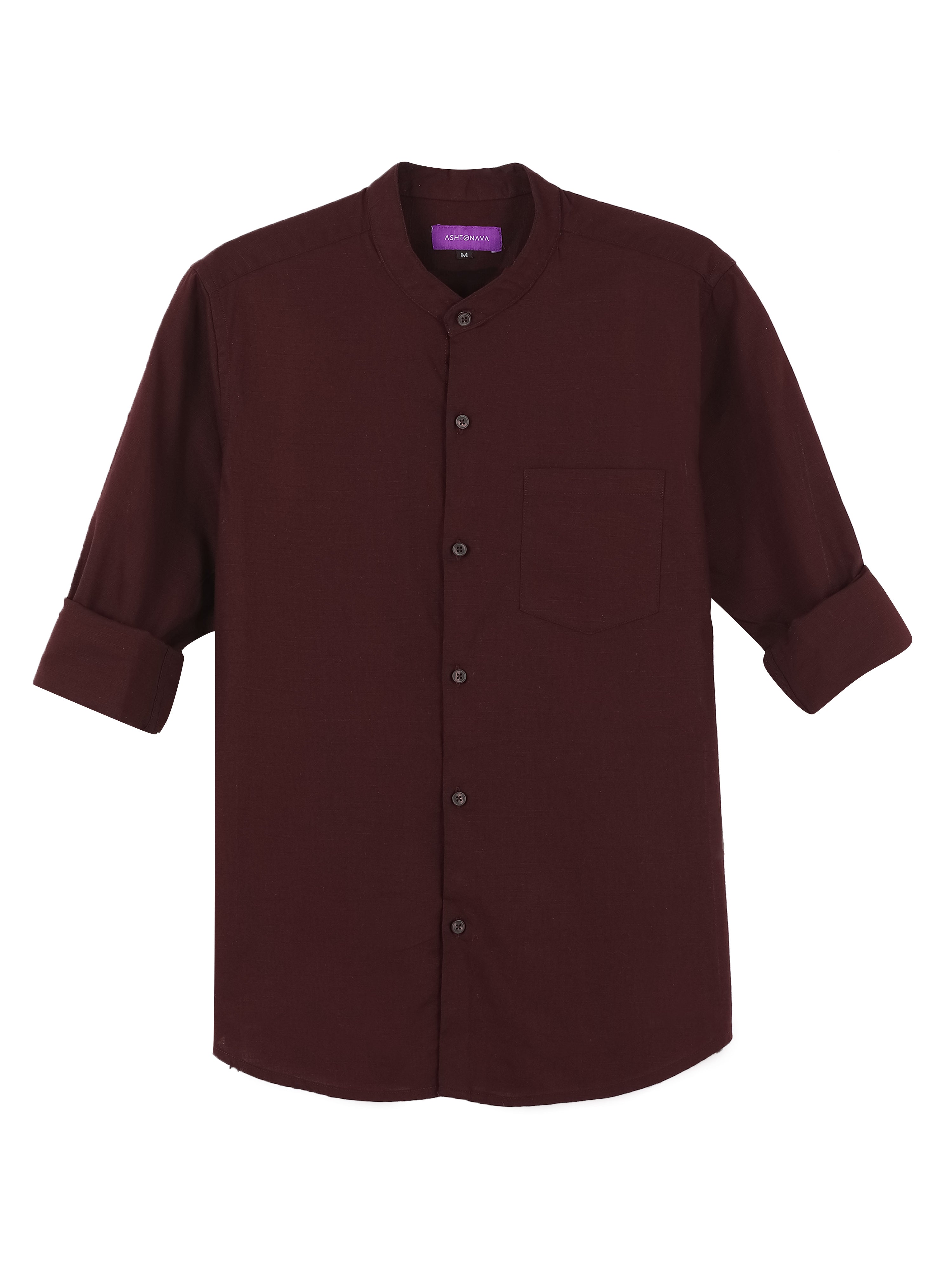 Crimson Red Mandarin Collar Cotton-Lenin Shirt