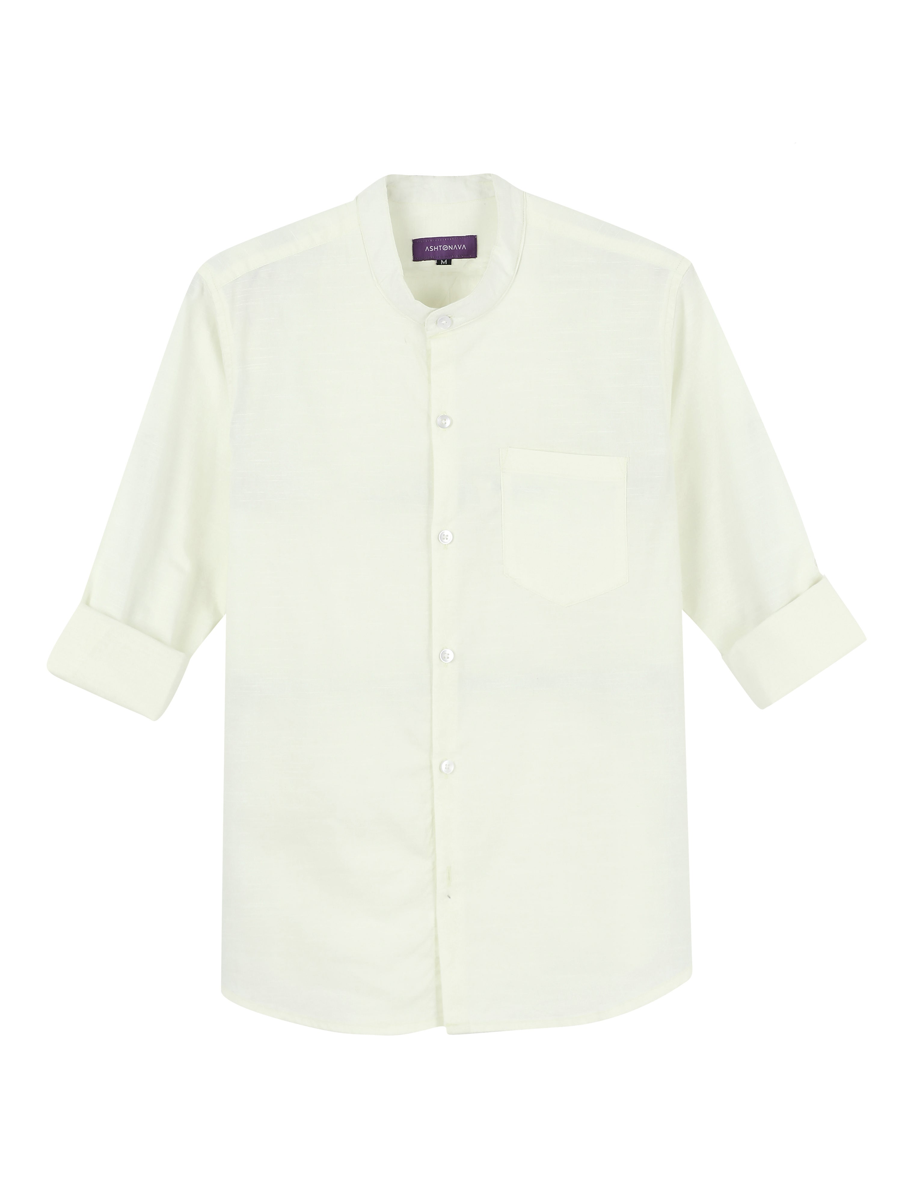 Light Yellow Mandarin Collar Cotton-Lenin Shirt