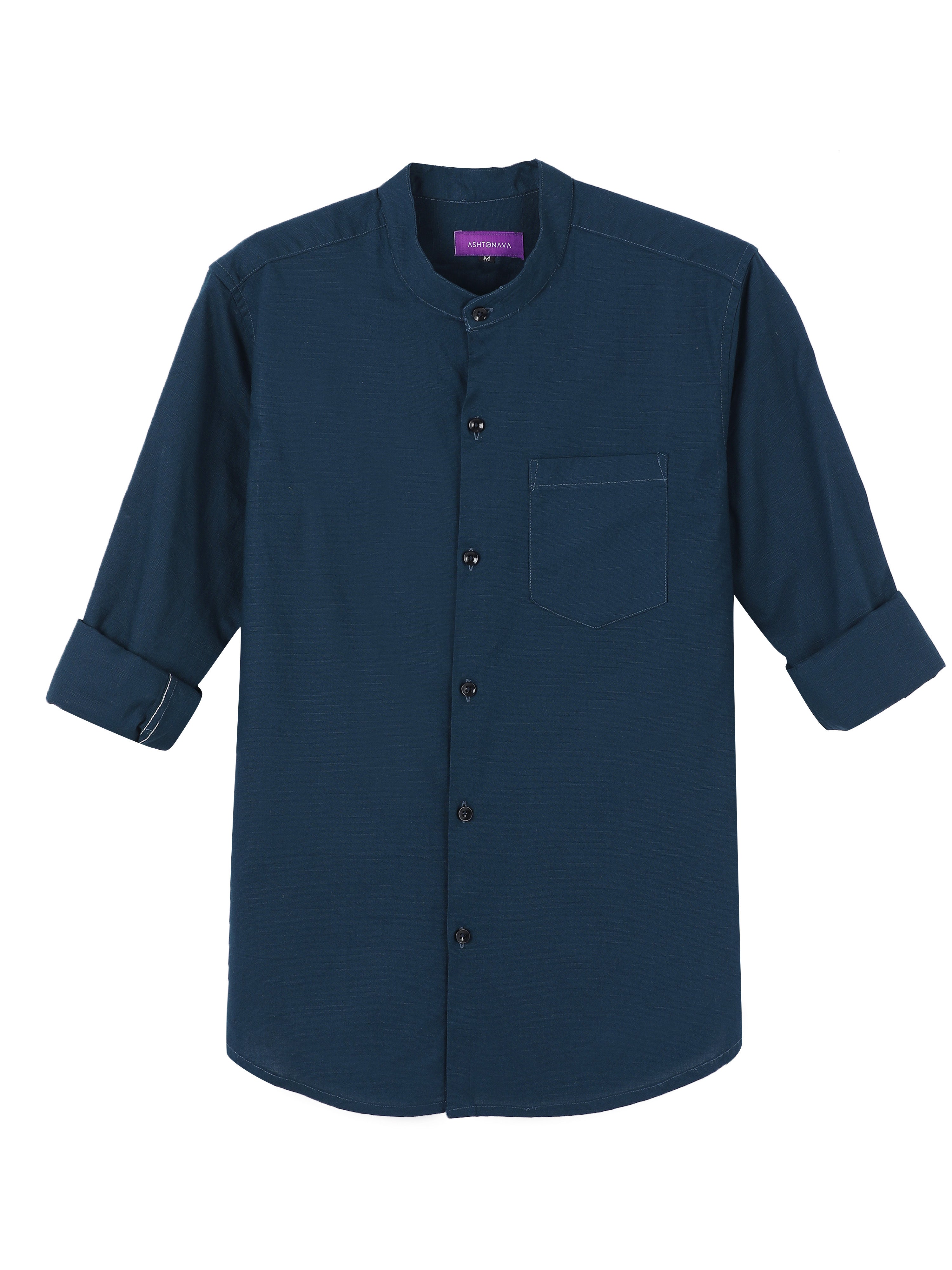 Marine Blue Mandarin Collar Cotton-lenin Shirt