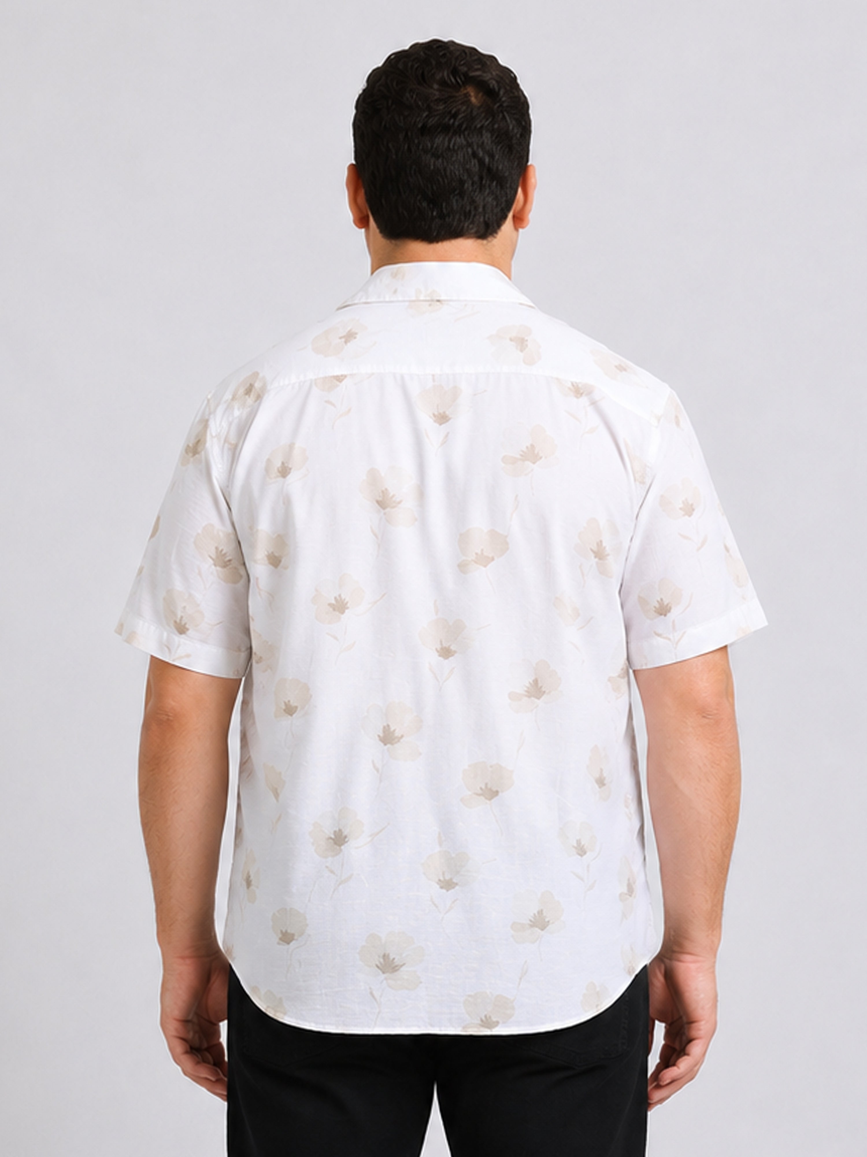White Floral Printed Cubban Collar Shirt