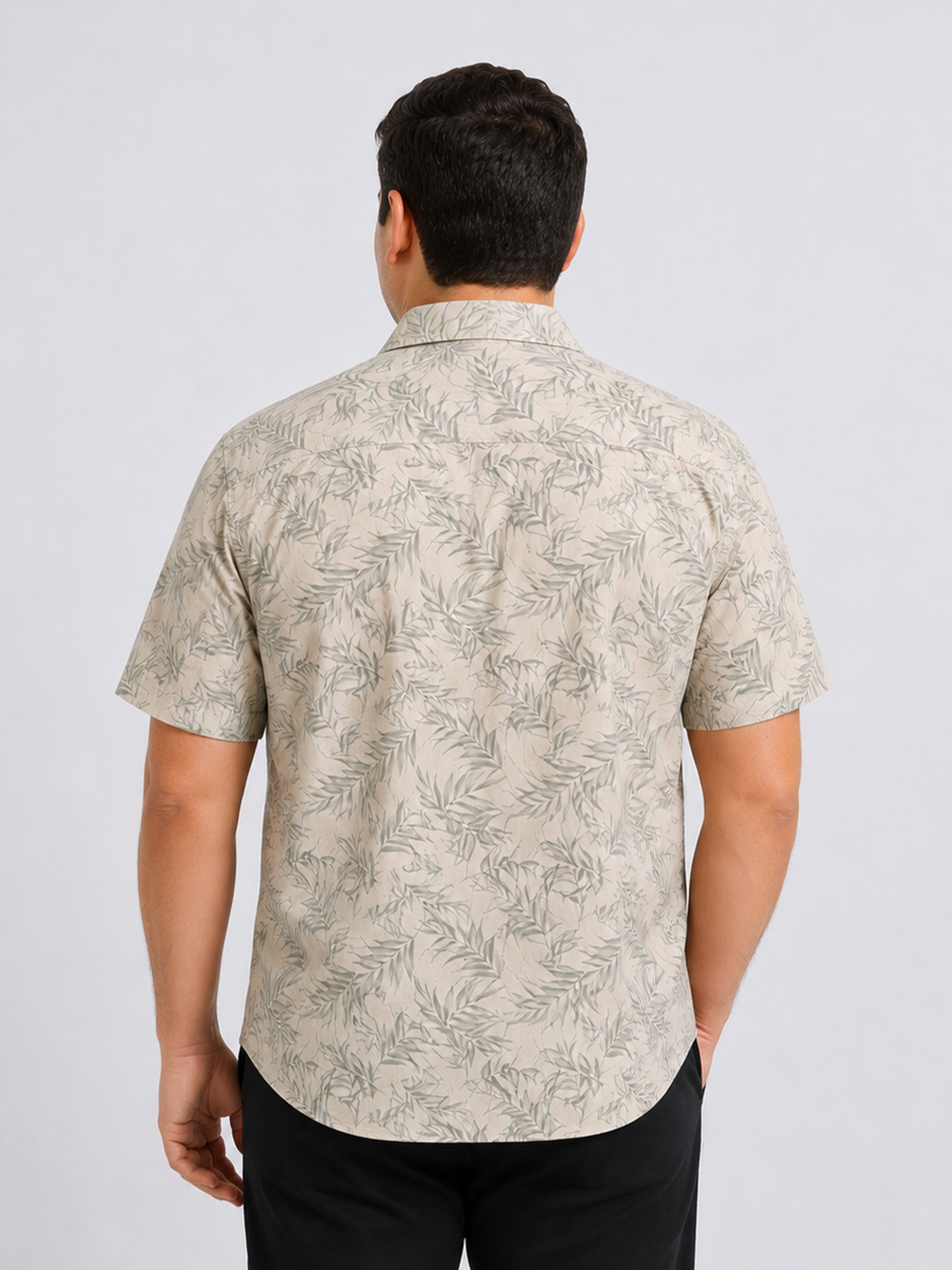 Biege Printed Cubban Collar Shirt